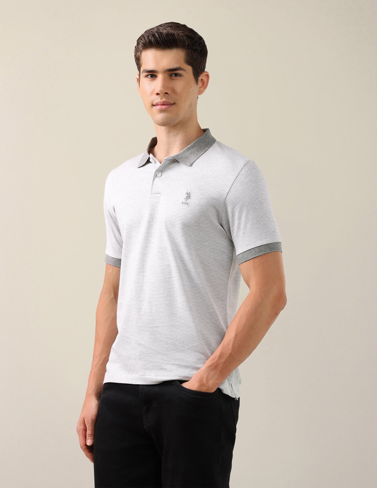 Textured Slim Fit Polo Shirt Light Grey - U.S. Polo Assn. India | Large
