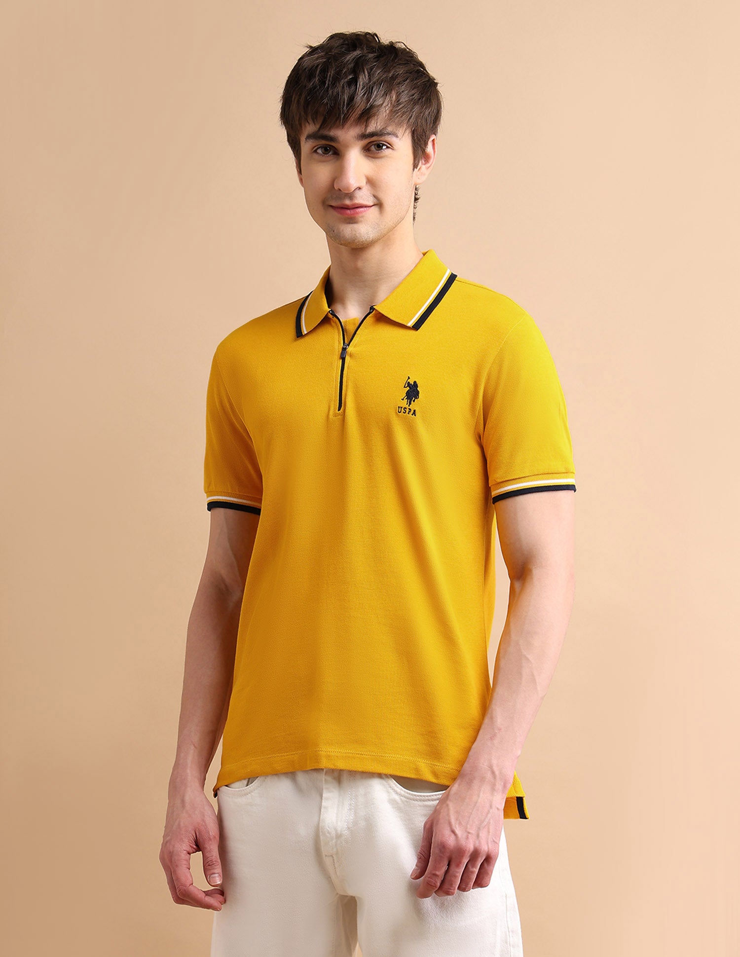 Tipped Zipper Polo Shirt Yellow - U.S. POLO ASSN. | Large