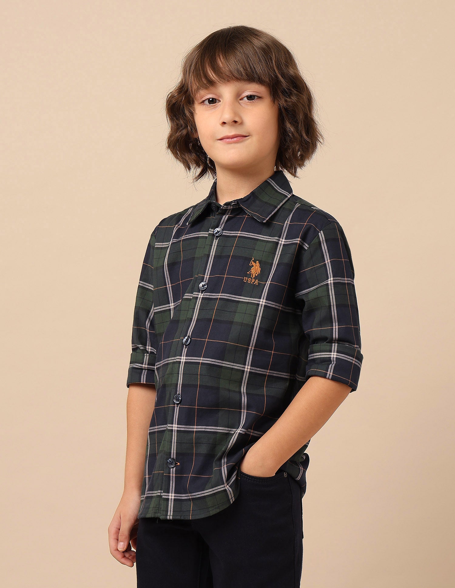 Boys Plaid Checked Twill Shirt Green - U.S. POLO ASSN. | Large