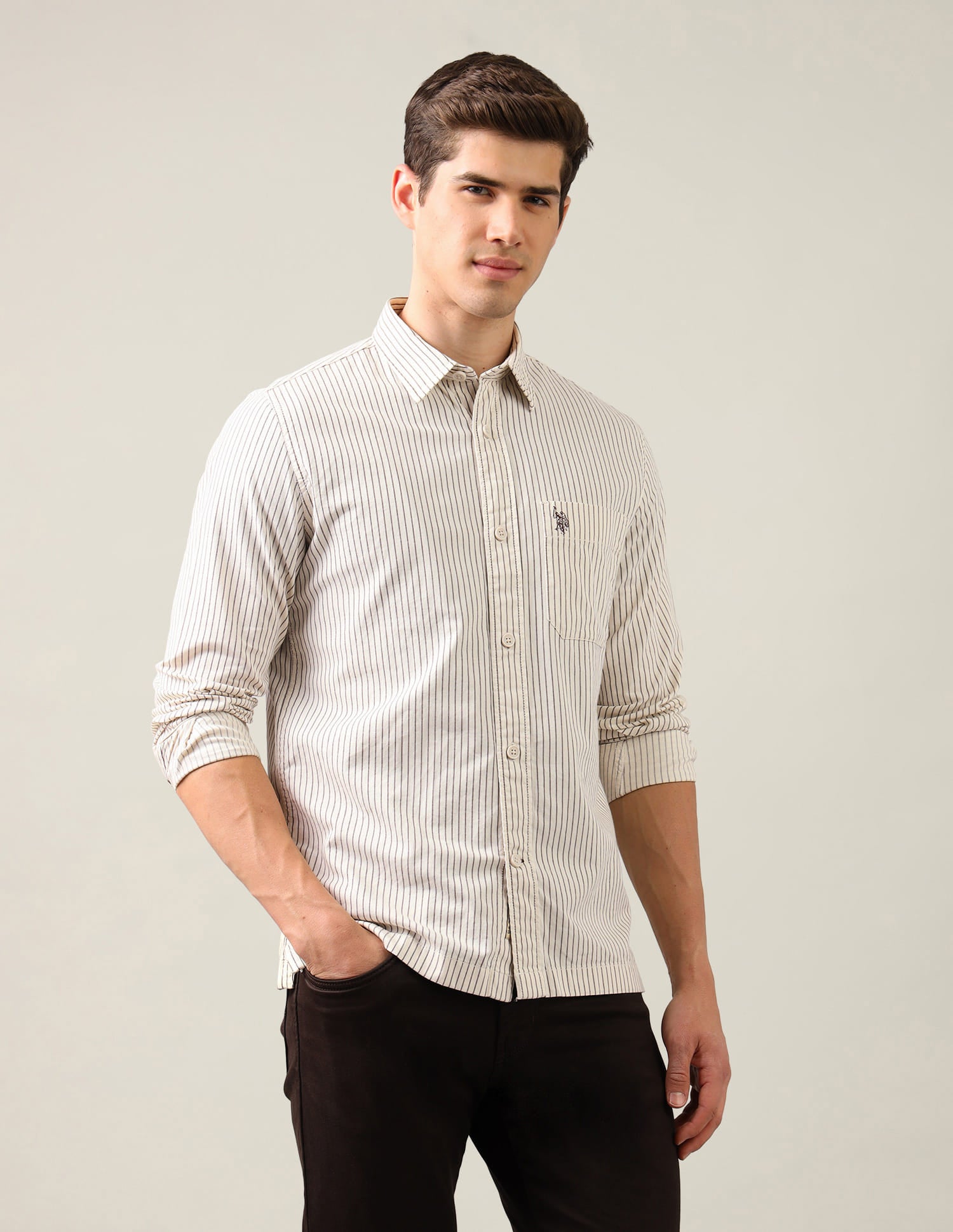Vertical Striped Comfort Fit Shirt Beige - U.S. Polo Assn. India | Large