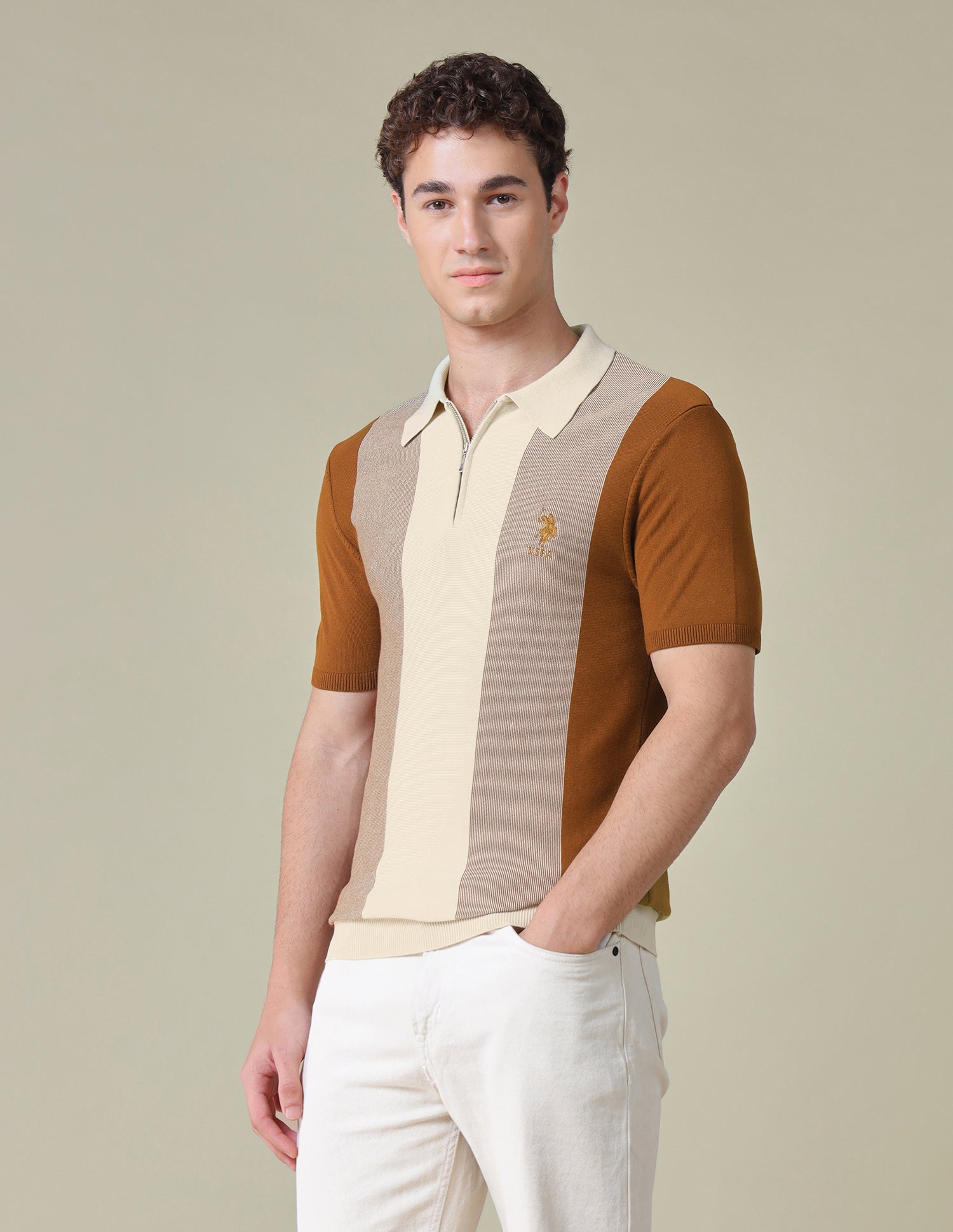 Colourblocked Regular Fit Polo Shirt Light Brown - U.S. Polo Assn. India | Large
