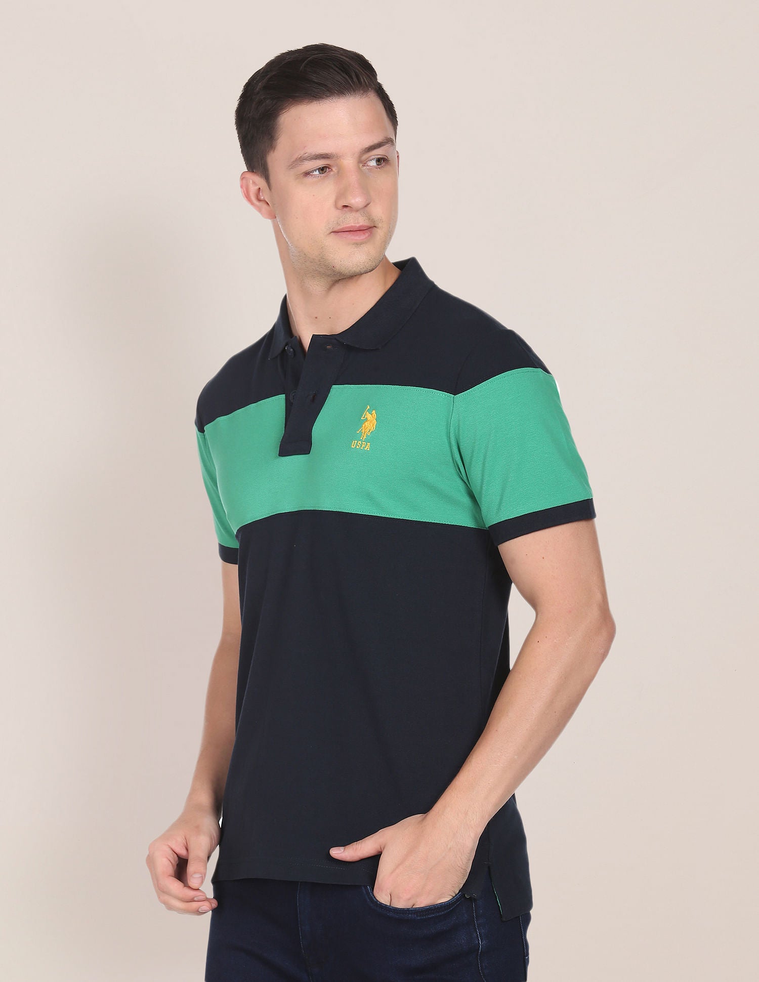 Colour Block Cotton Polo Shirt Navy and Green - U.S. Polo Assn. India | Large