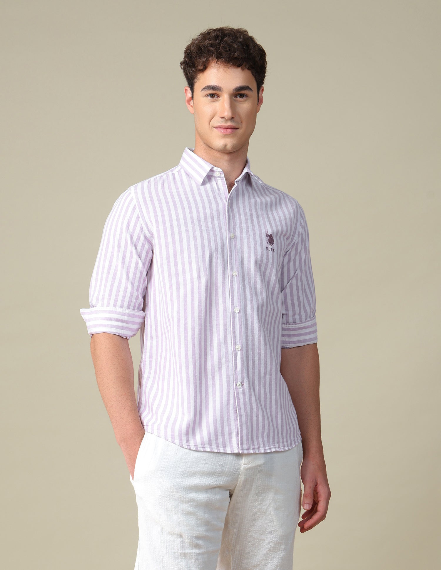 Vertical Striped Regular Fit Shirt Lavender - U.S. Polo Assn. India | Large