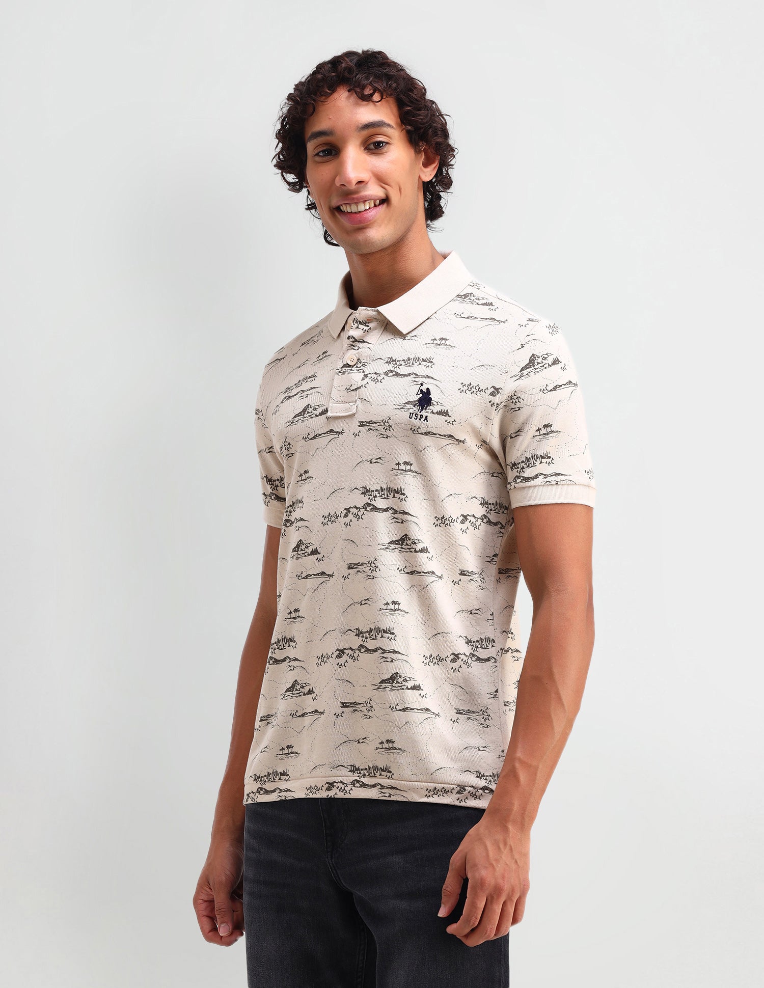 Abstract Cotton Muscle Fit Polo Shirt Beige - U.S. Polo Assn. India | Large