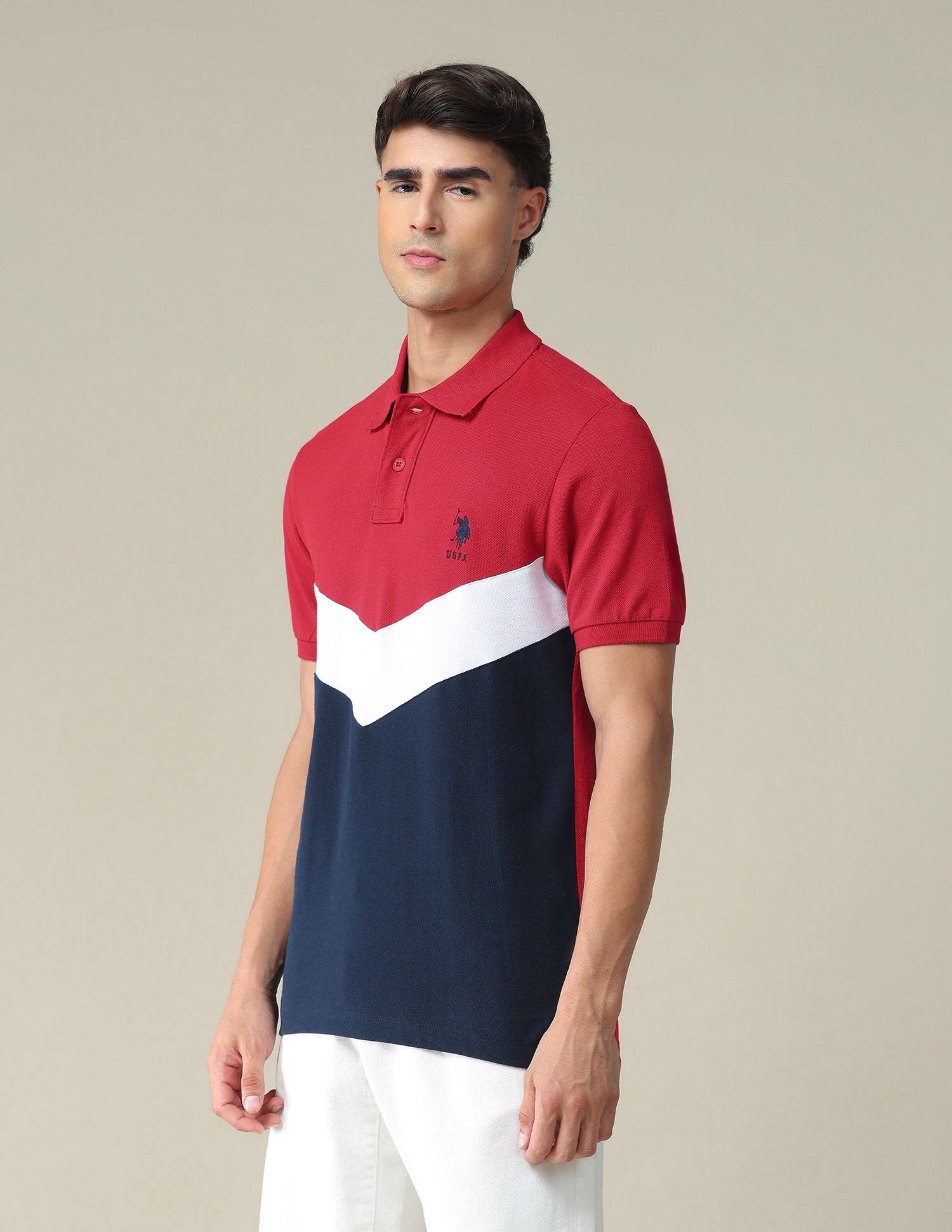 Ribbed Collar Colour Block Polo Shirt Red and Navy - U.S. Polo Assn. India | Large