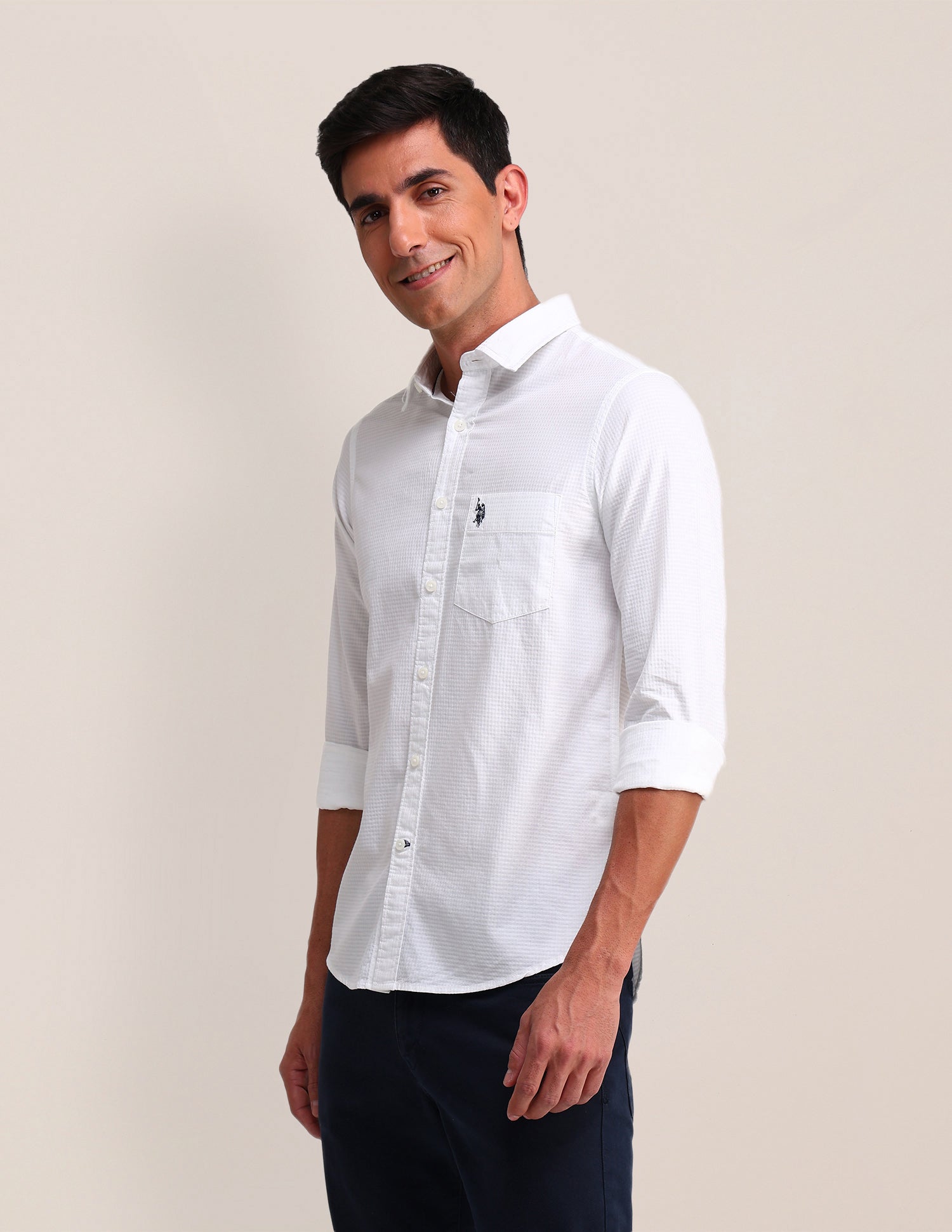 Solid Pattern Dobby Shirt White - U.S. Polo Assn. India | Large