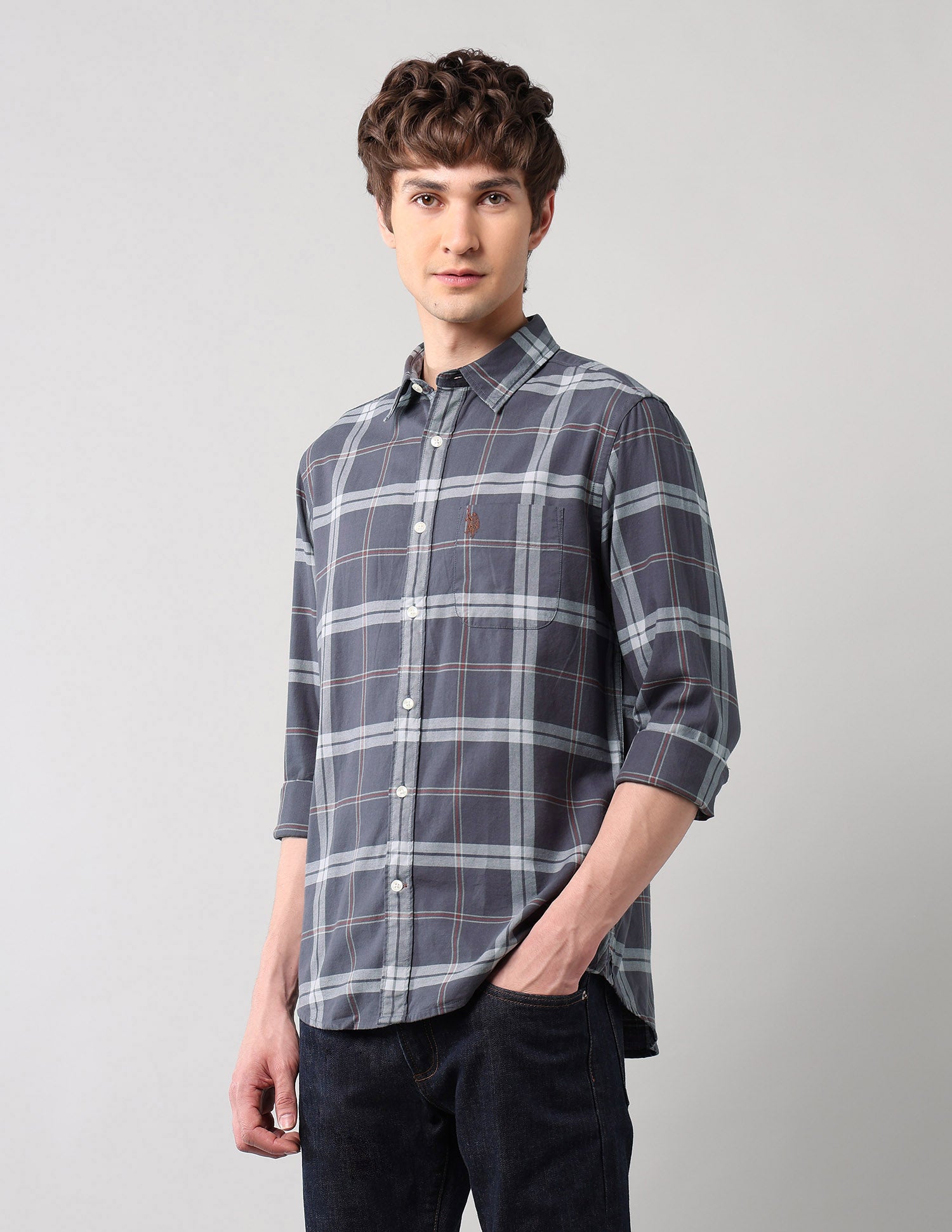 Grid Tattersall Checked Pure Cotton Shirt Grey - U.S. POLO ASSN. | Large