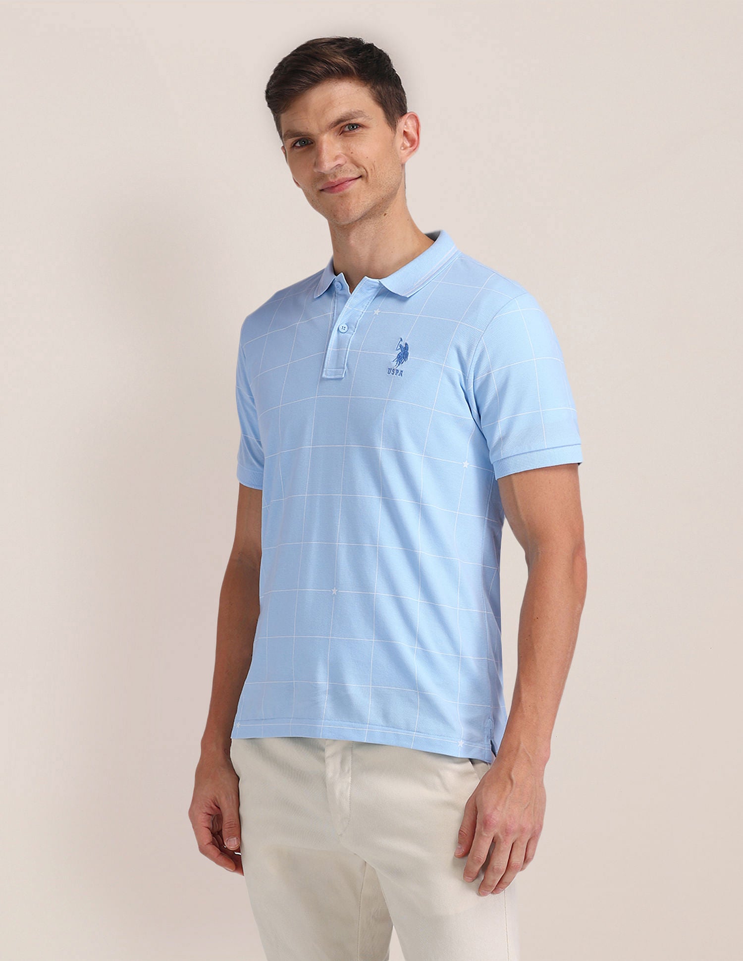 Slim Fit Checked Cotton Polo Shirt Blue - U.S. Polo Assn. India | Large