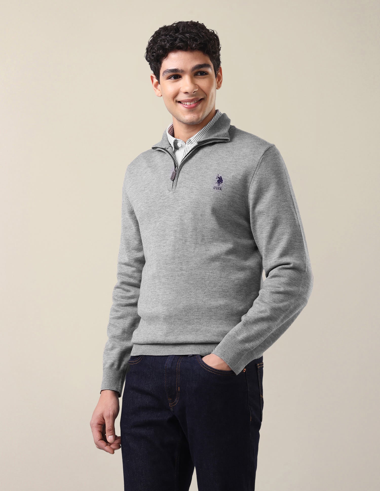 Heathered Regular Fit Sweater Grey - U.S. Polo Assn. India | Large