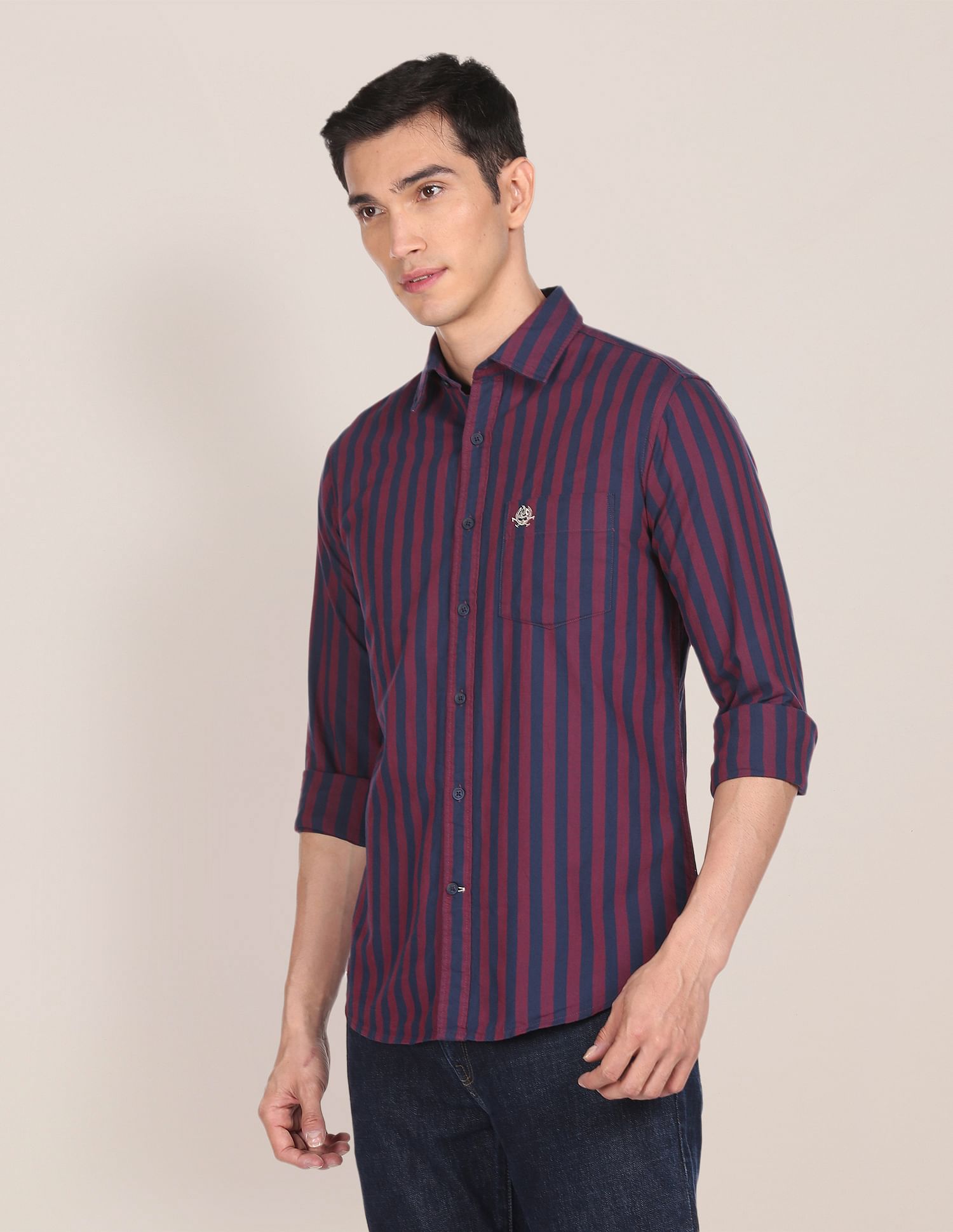 Men Maroon And Navy Striped Cotton Formal Shirt Maroon and Navy - U.S. POLO ASSN. | Large