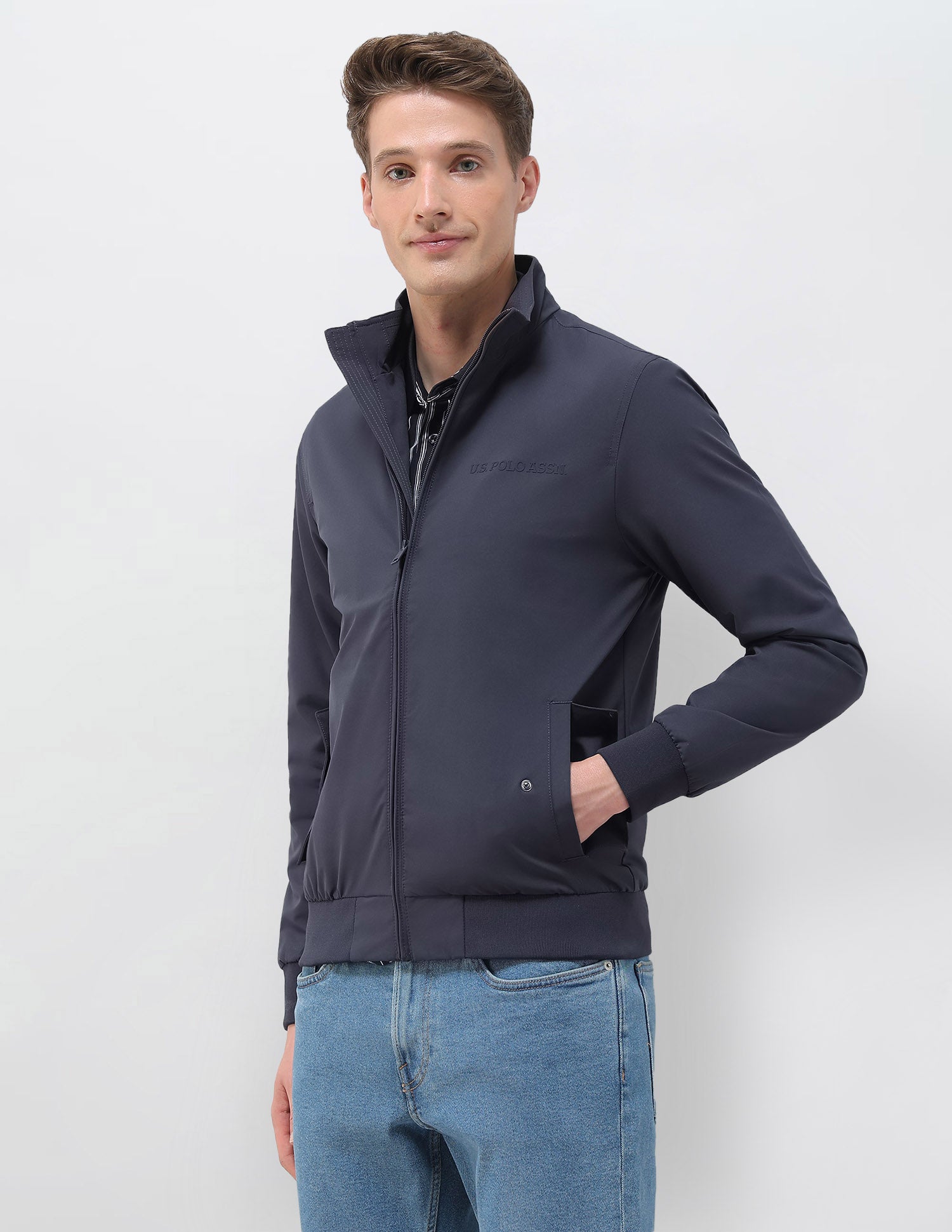 Regular Fit Solid Casual Jacket Dark Blue - U.S. Polo Assn. India | Large