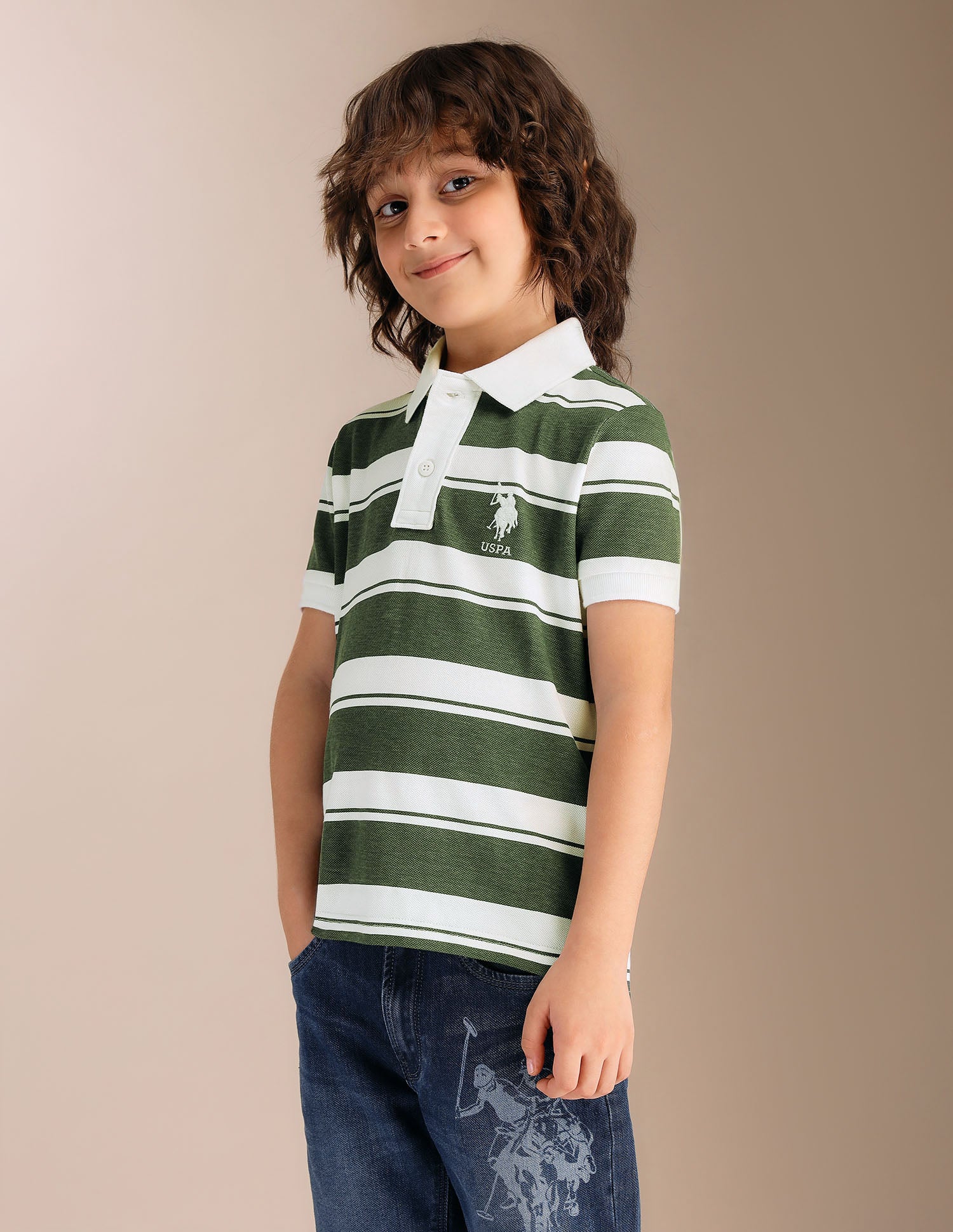 Boys Horizontal Striped Pure Cotton Polo Shirt Green - U.S. POLO ASSN. | Large