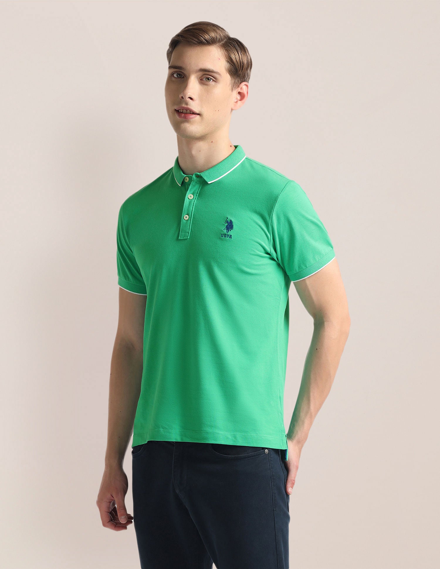 Tipped Collar Solid Polo Shirt Green - U.S. Polo Assn. India | Large