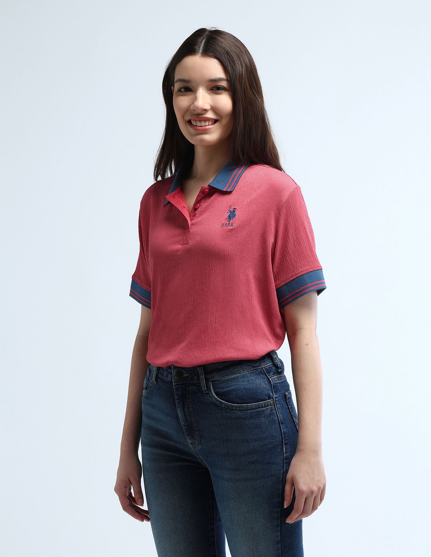 Contrast Collar Textured Polo Shirt Dark Pink - U.S. POLO ASSN. | Large