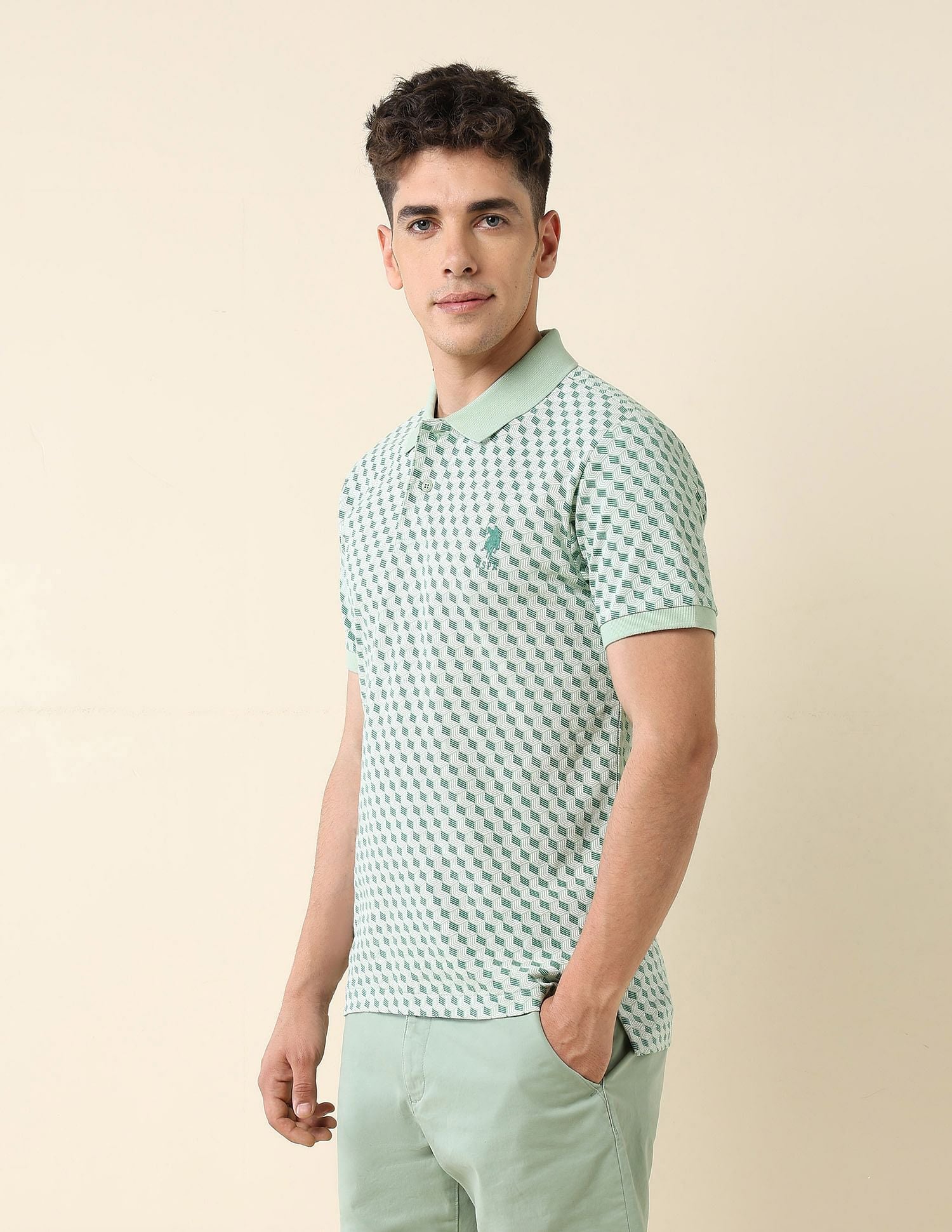 All-Over Printed Slim Fit Polo Shirt Light Green - U.S. Polo Assn. India | Large