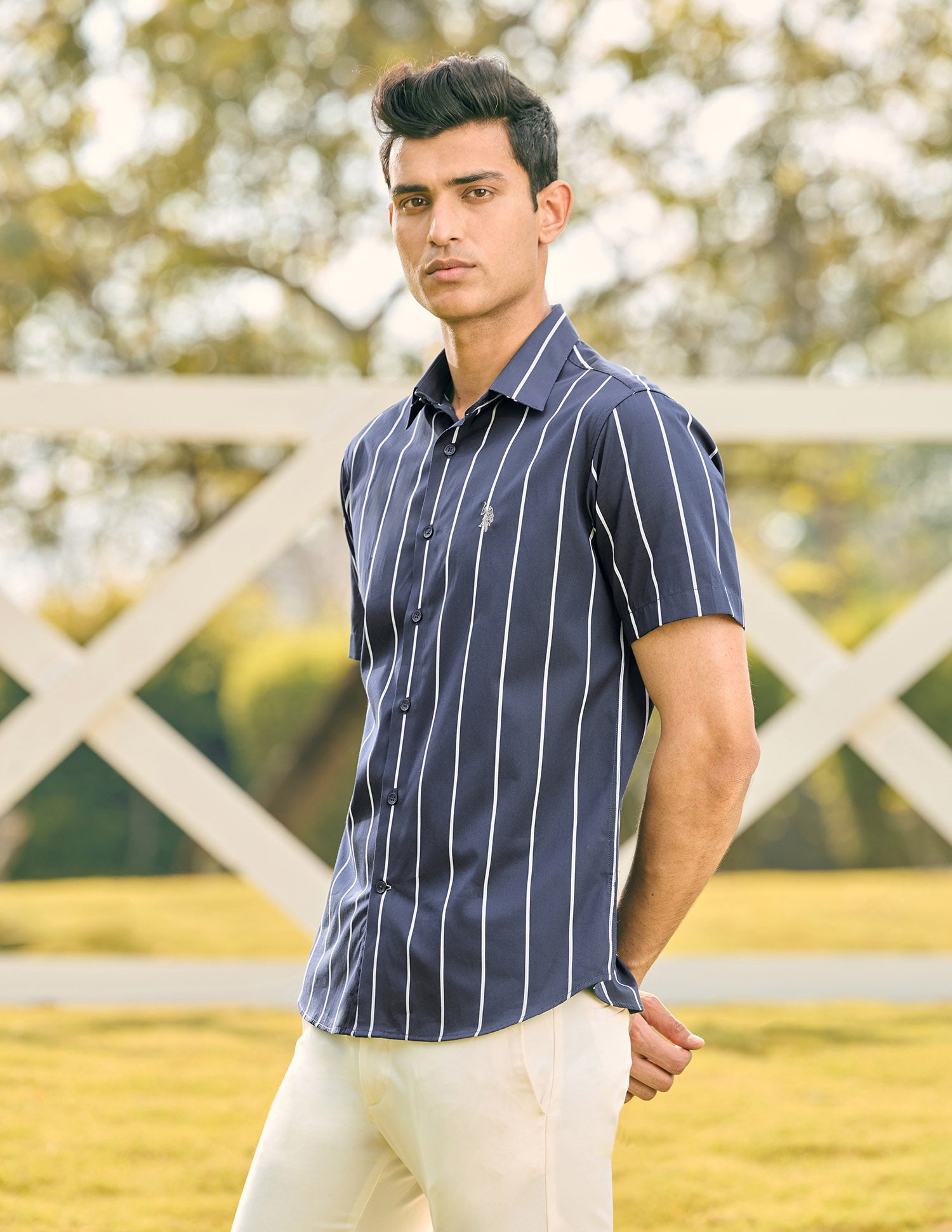 Pacho X Vertical Striped Tailored Fit Shirt Navy - U.S. POLO ASSN. | Large