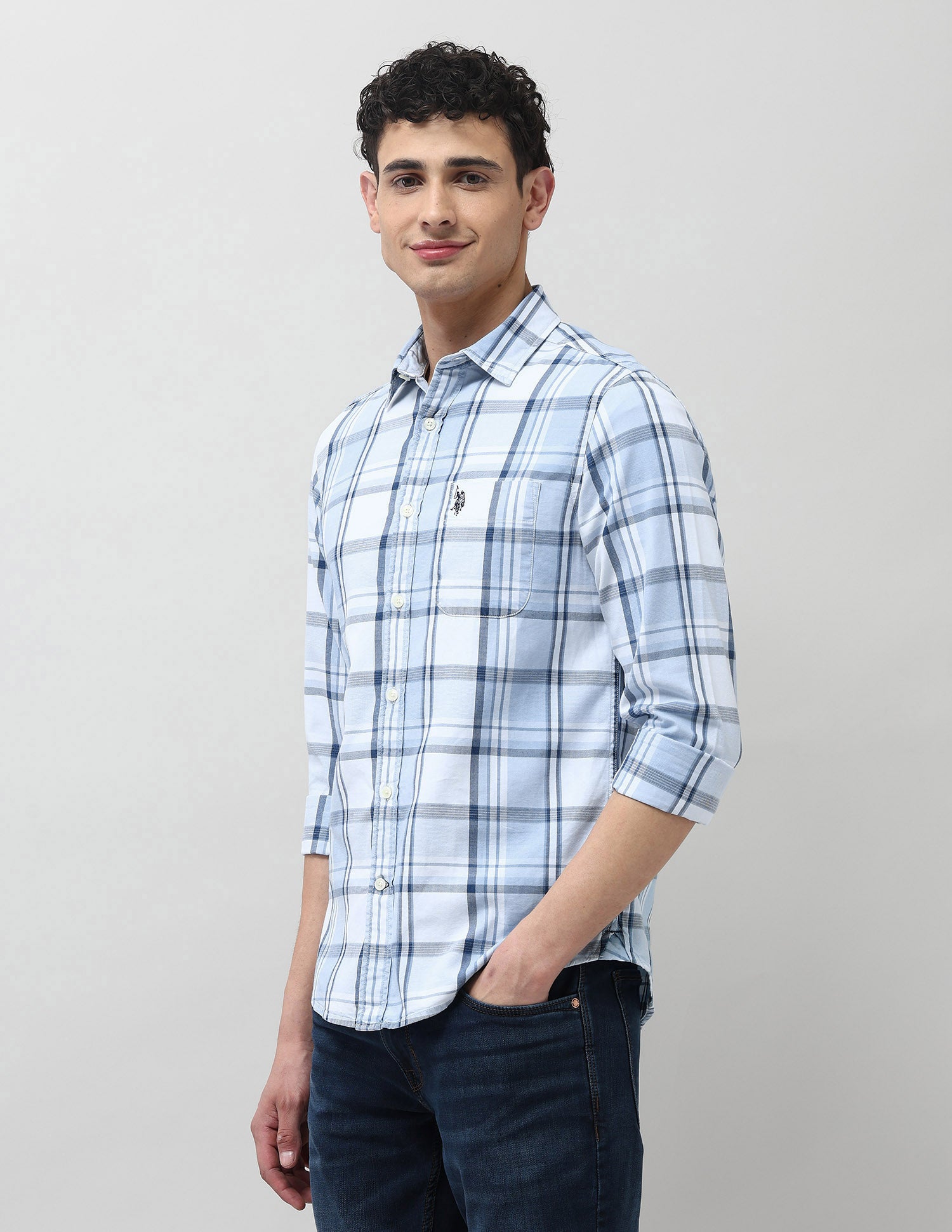 Twill Plaid Checked Shirt Light Indigo - U.S. Polo Assn. India | Large