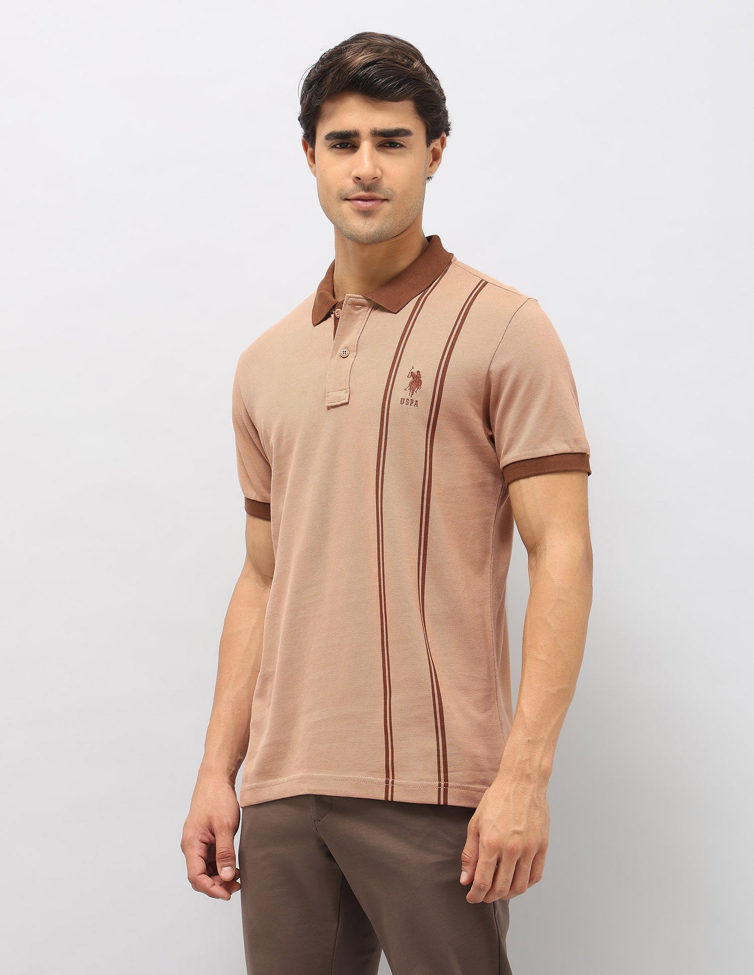 Vertical Striped Slim Fit Polo Shirt Beige - U.S. Polo Assn. India | Large