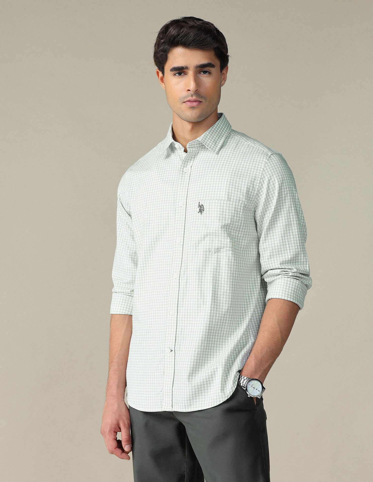 Pure Cotton Gingham Checked Shirt Green - U.S. POLO ASSN. | Large
