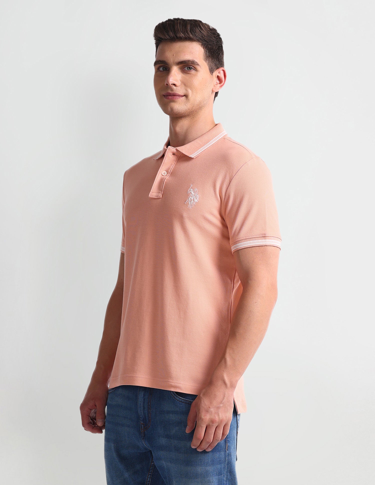 Patterned Collar Muscle Fit Polo Shirt Peach - U.S. Polo Assn. India | Large