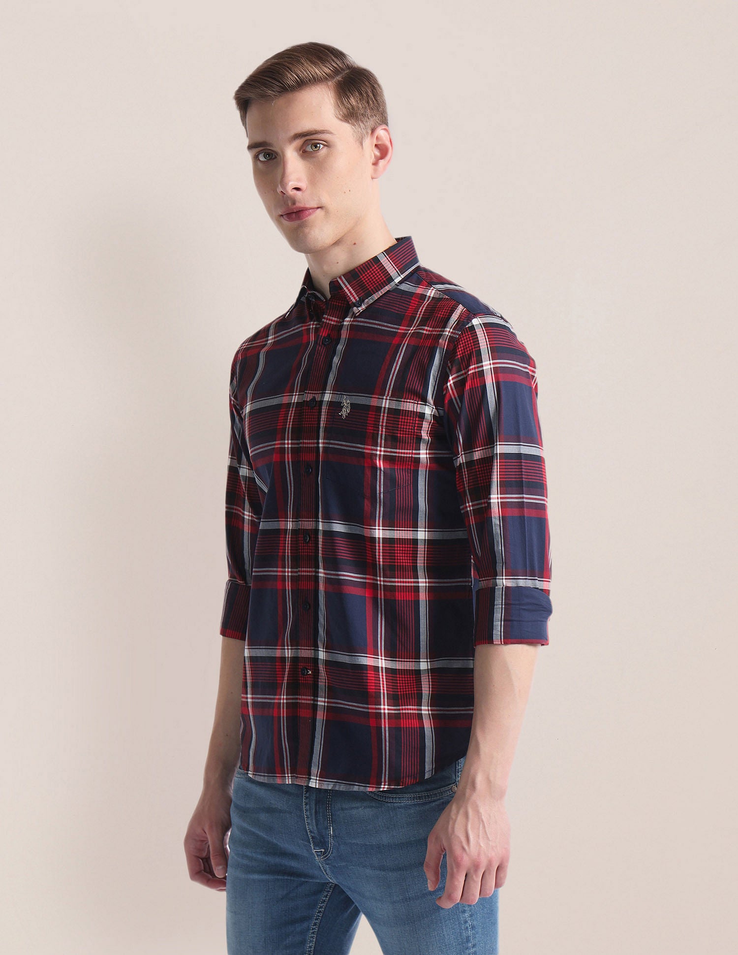 Tartan Check Premium Cotton Shirt Navy and Red - U.S. Polo Assn. India | Large