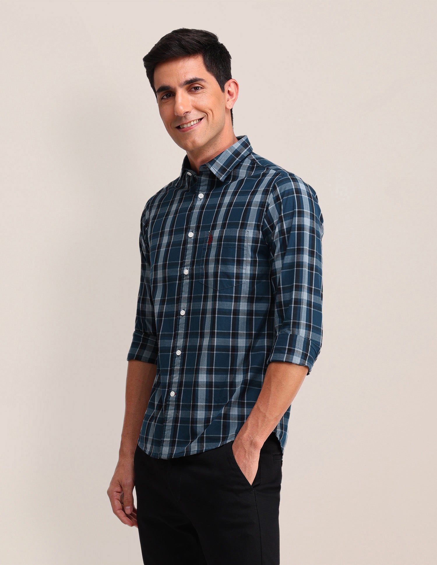 Plaid Checked Poplin Shirt Dark Blue - U.S. Polo Assn. India | Large