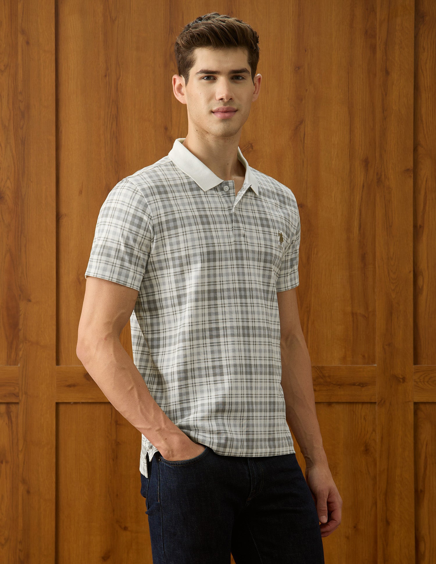 Checked Slim Fit Polo Shirt Beige - U.S. Polo Assn. India | Large