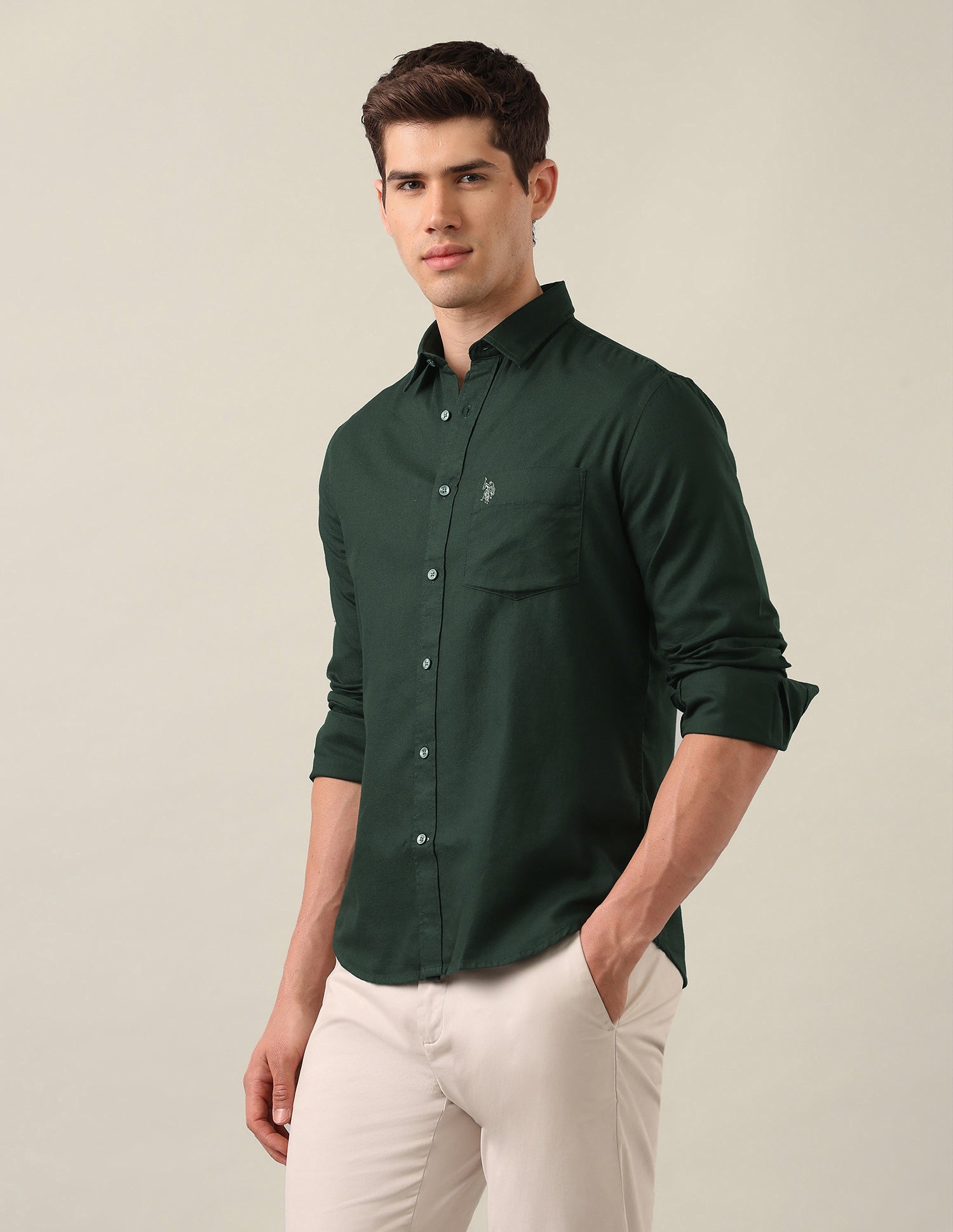 Tailored Fit Solid Shirt Dark Green - U.S. Polo Assn. India | Large