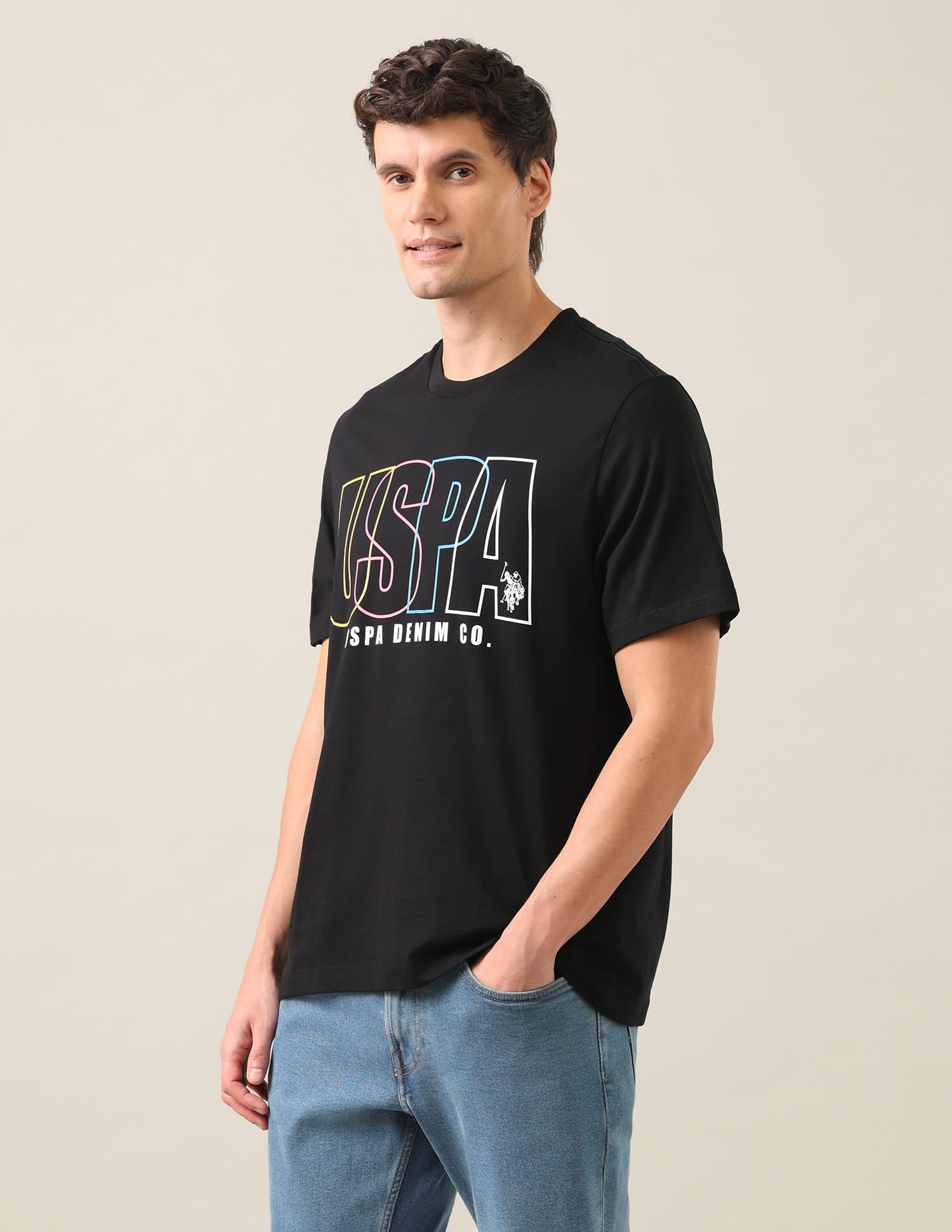Typographic Brand Printed Relaxed Fit T-Shirt Black - U.S. Polo Assn. India | Large
