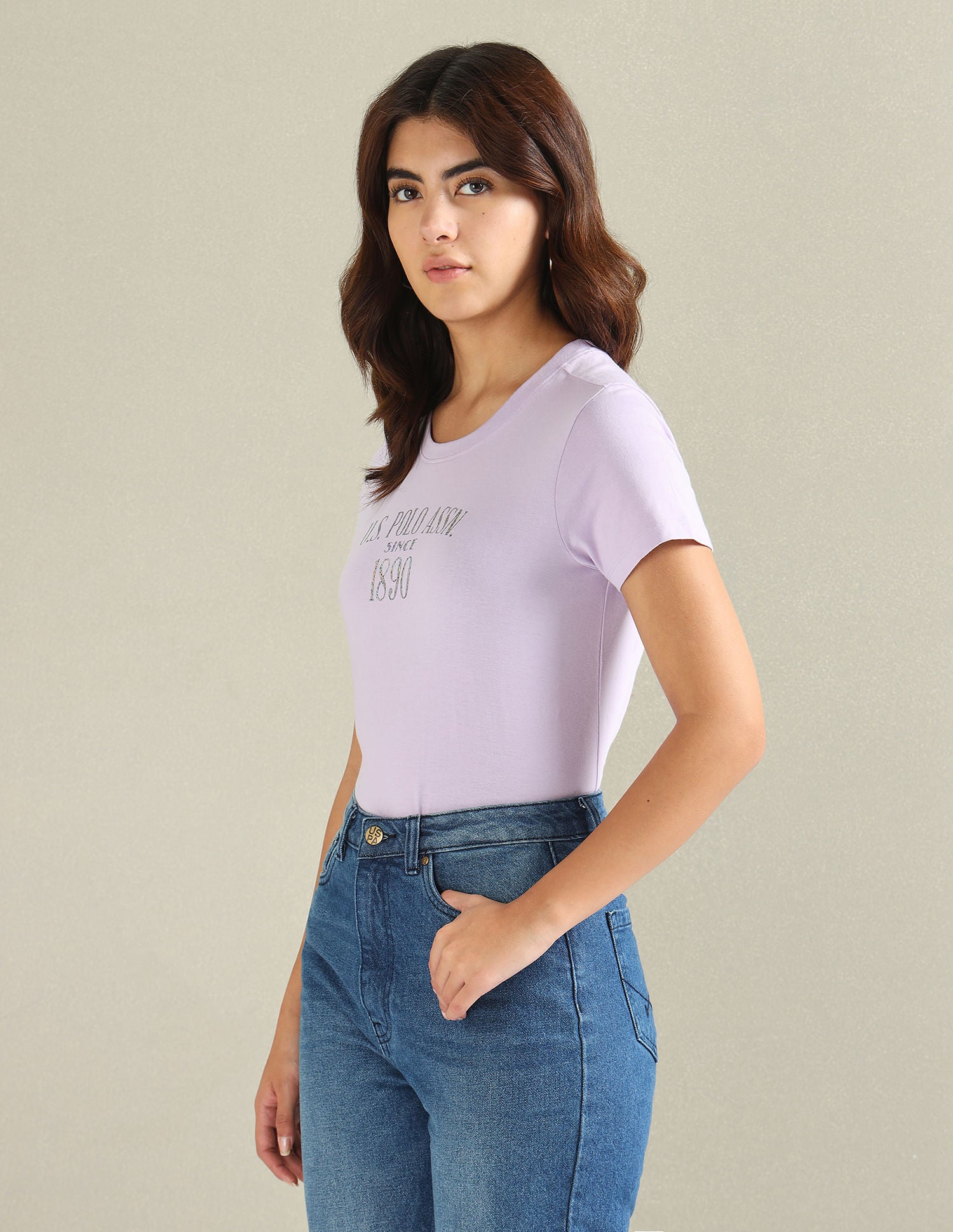 Metallic Logo Pure Cotton T-Shirt Lavender - U.S. POLO ASSN. | Large