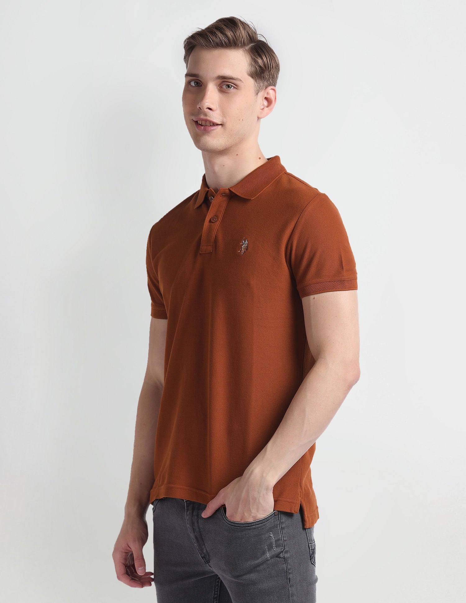 Patterned Collar Cotton Polo Shirt Tan - U.S. Polo Assn. India | Large