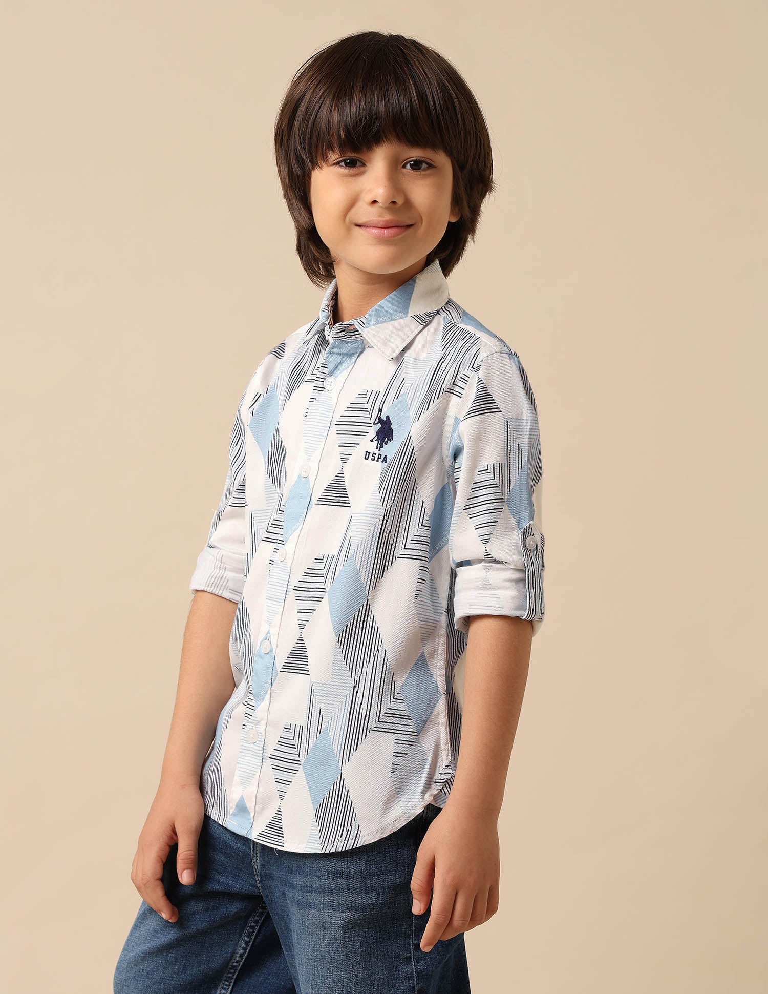 Boys All Over Printed Dobby Shirt White - U.S. POLO ASSN. | Large
