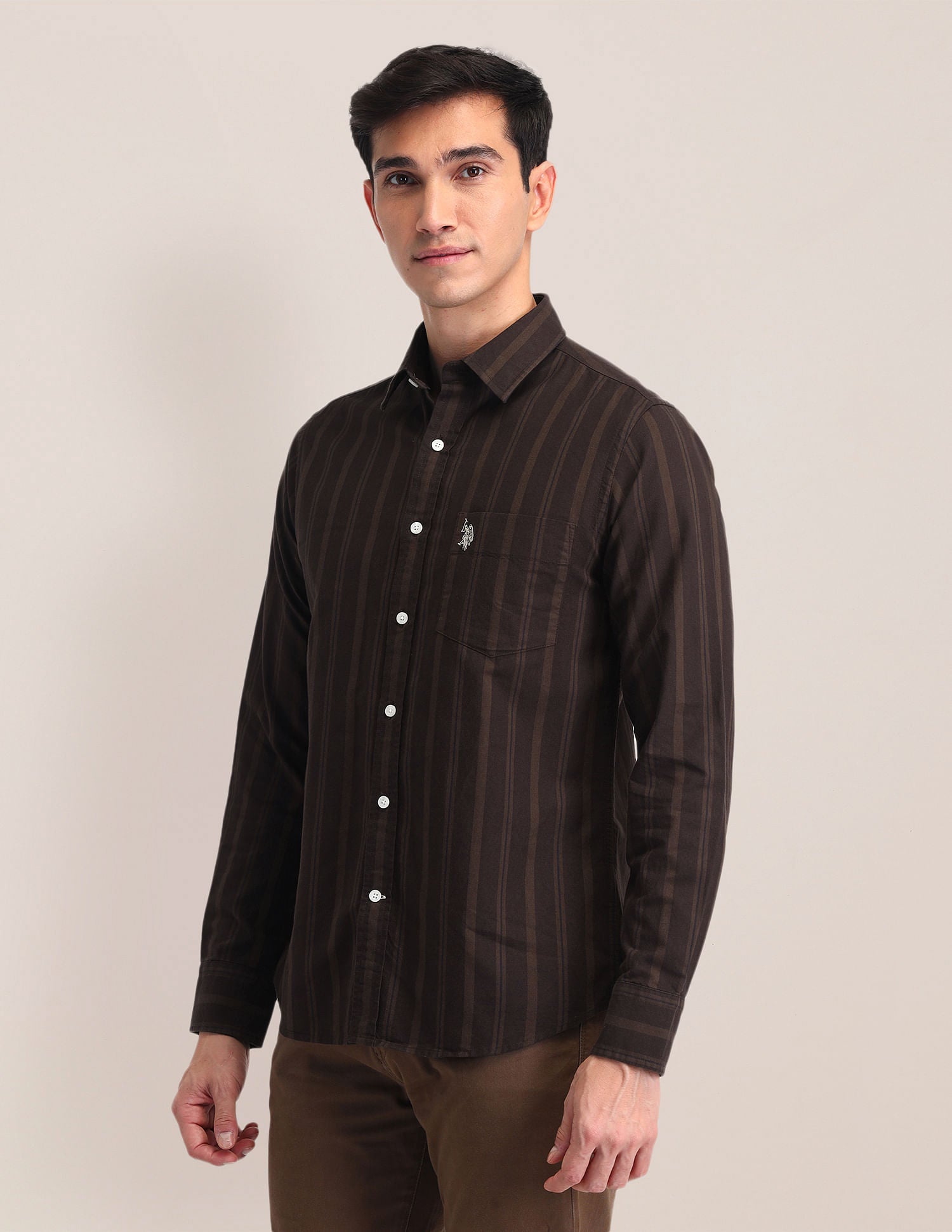 Tailored Fit Oxford Striped Shirt Brown - U.S. POLO ASSN. | Large