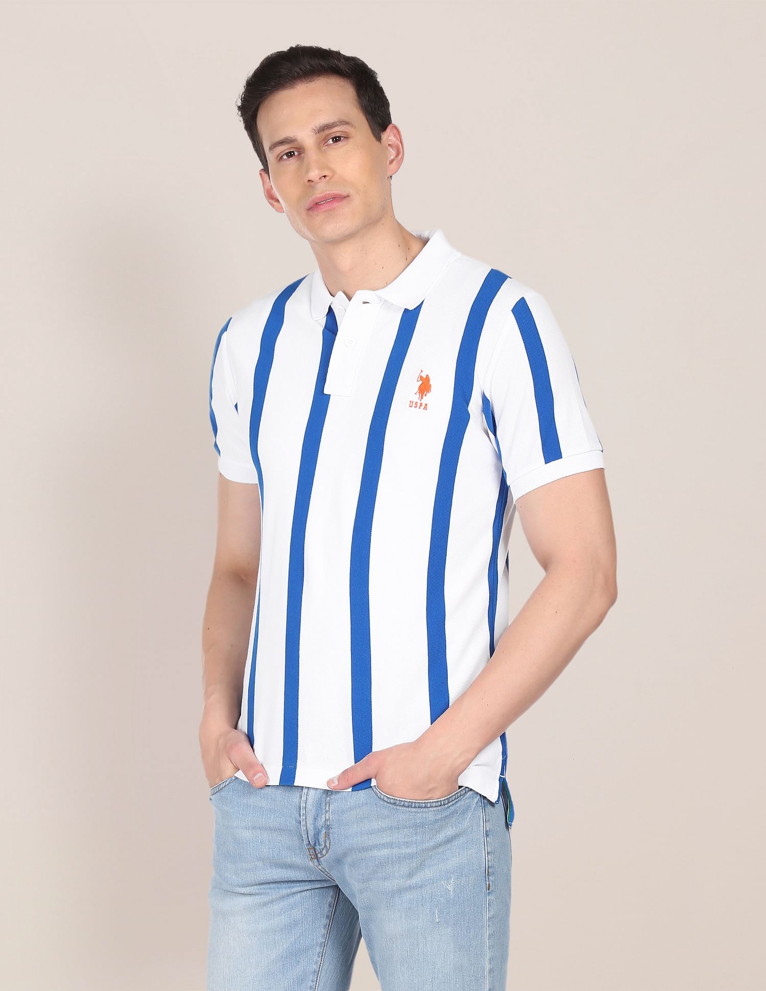 Cotton Vertical Stripe Polo Shirt White and Blue - U.S. Polo Assn. India | Large