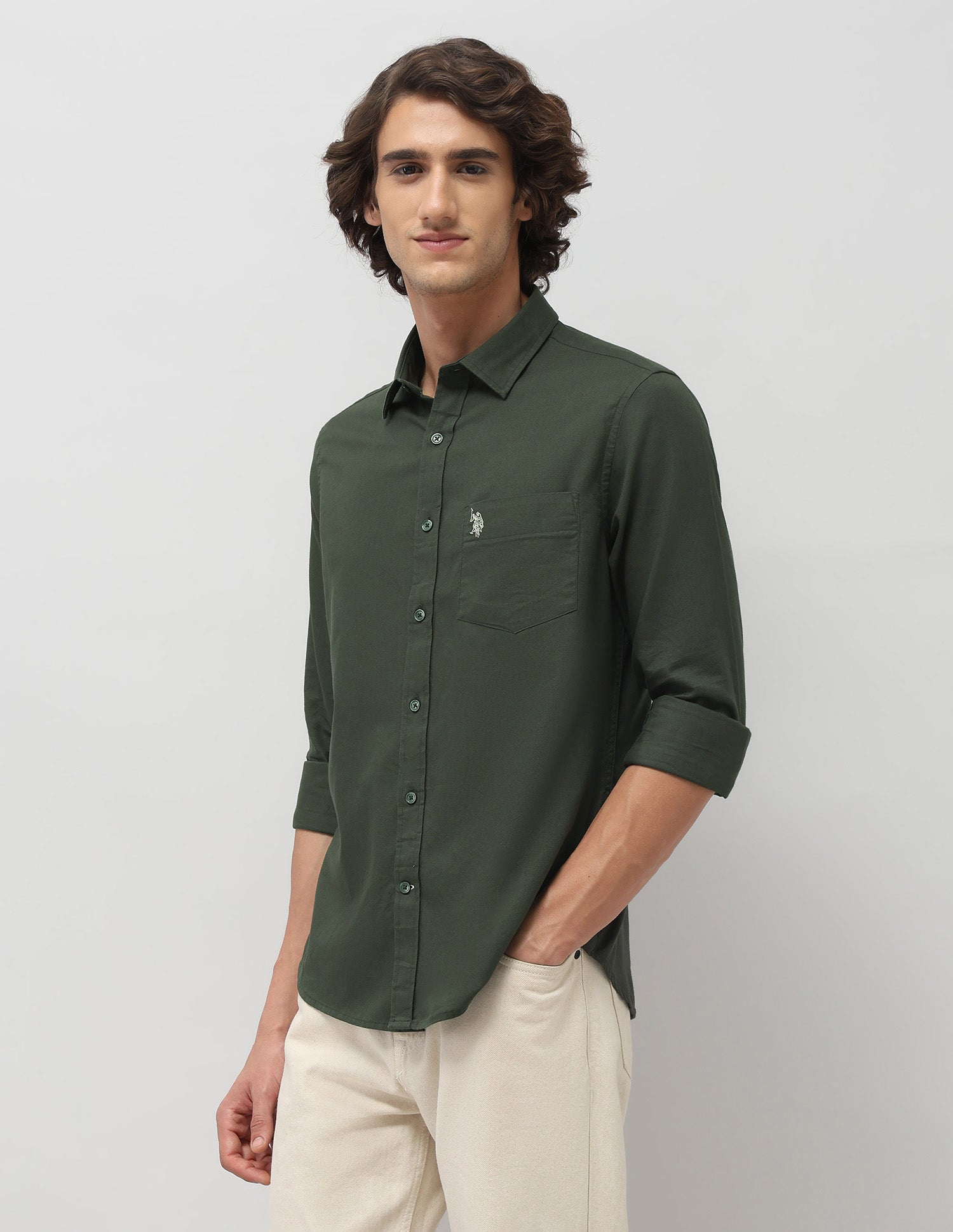 Tailored Fit Pure Cotton Shirt Dark Olive - U.S. Polo Assn. India | Large