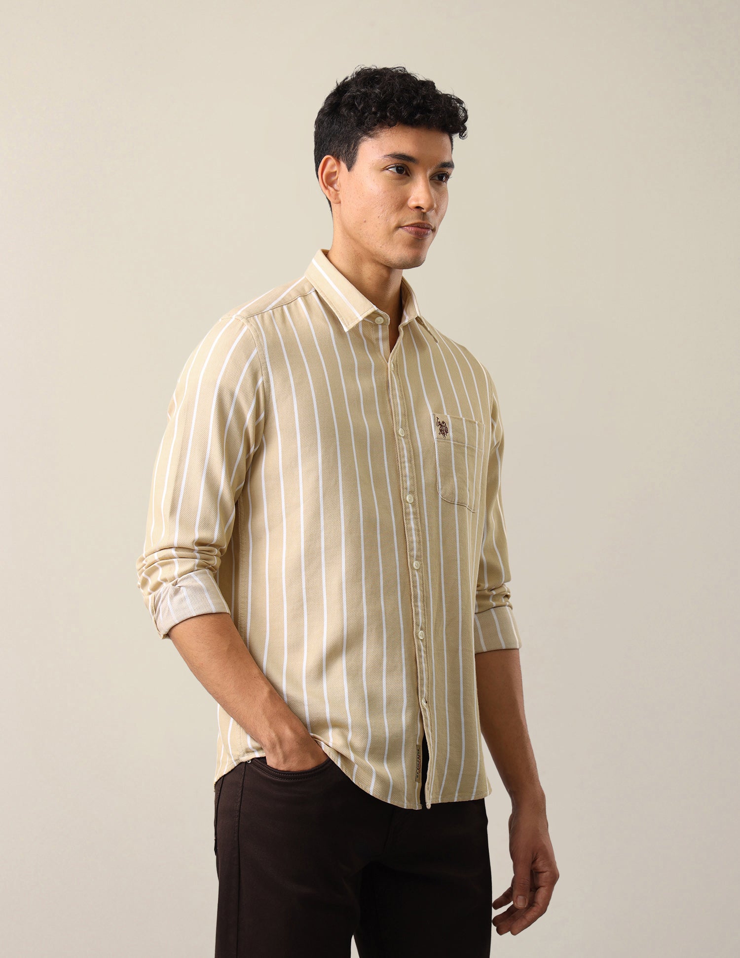 Vertical Striped Regular Fit Shirt Beige - U.S. Polo Assn. India | Large