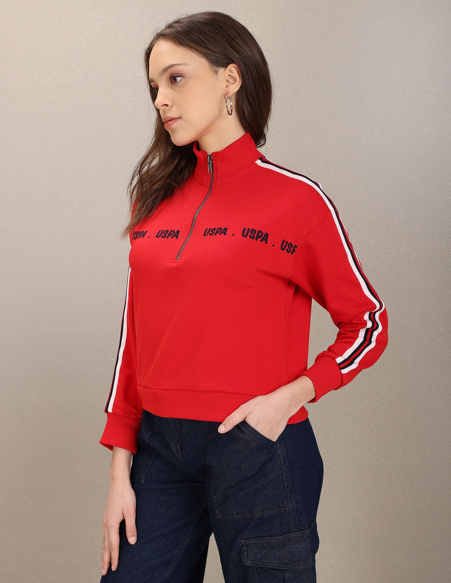 High Neck Striped Sleeve Brand Print Sweatshirt Red - U.S. Polo Assn. India | Large