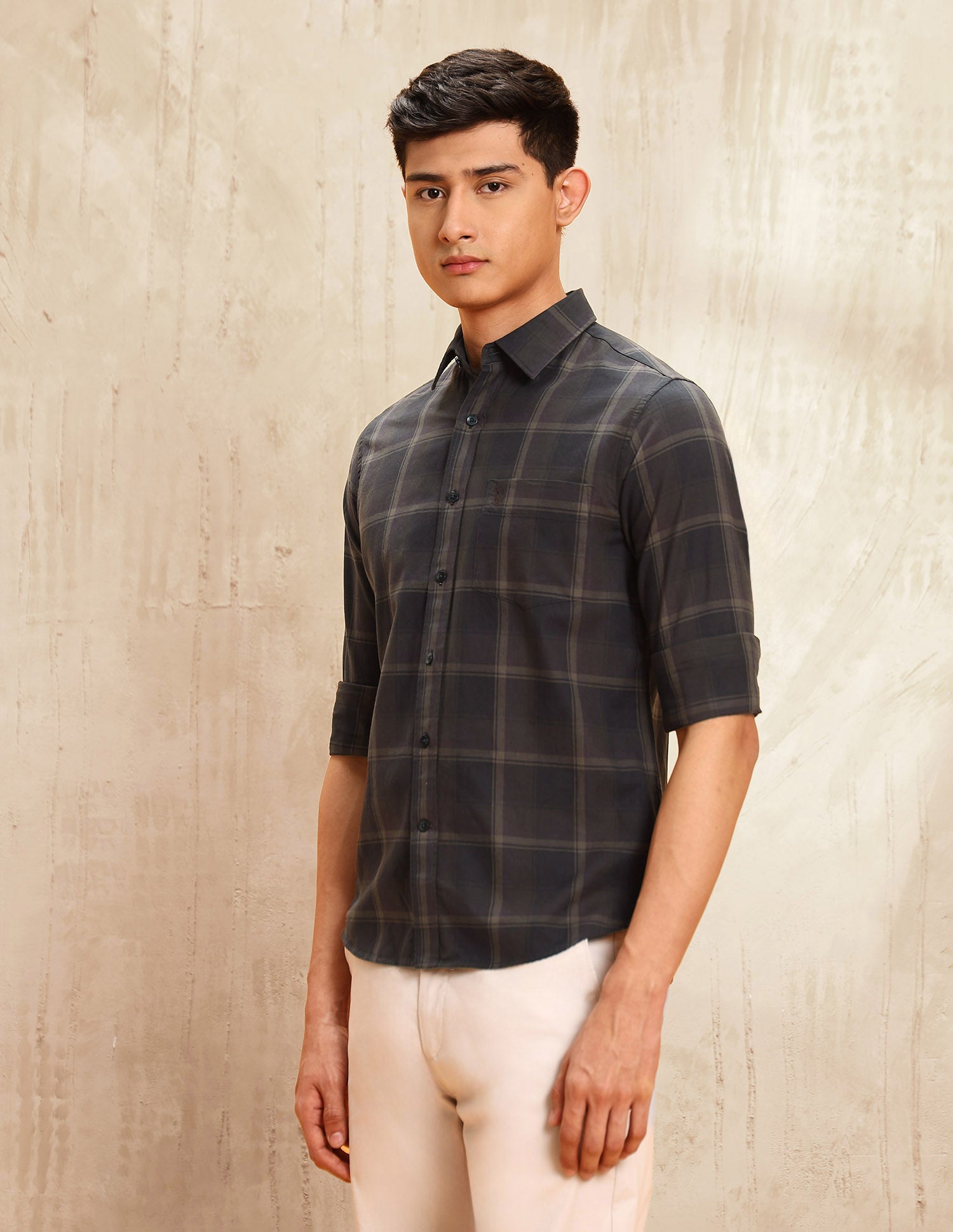 Windowpane Checked Tailored Fit Shirt Brown - U.S. POLO ASSN. | Large