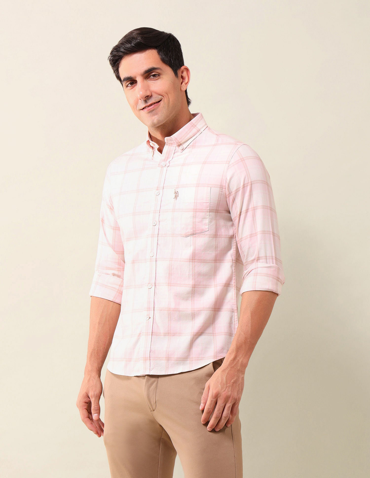 Tailored Fit Checked Shirt Light Pink - U.S. Polo Assn. India | Large