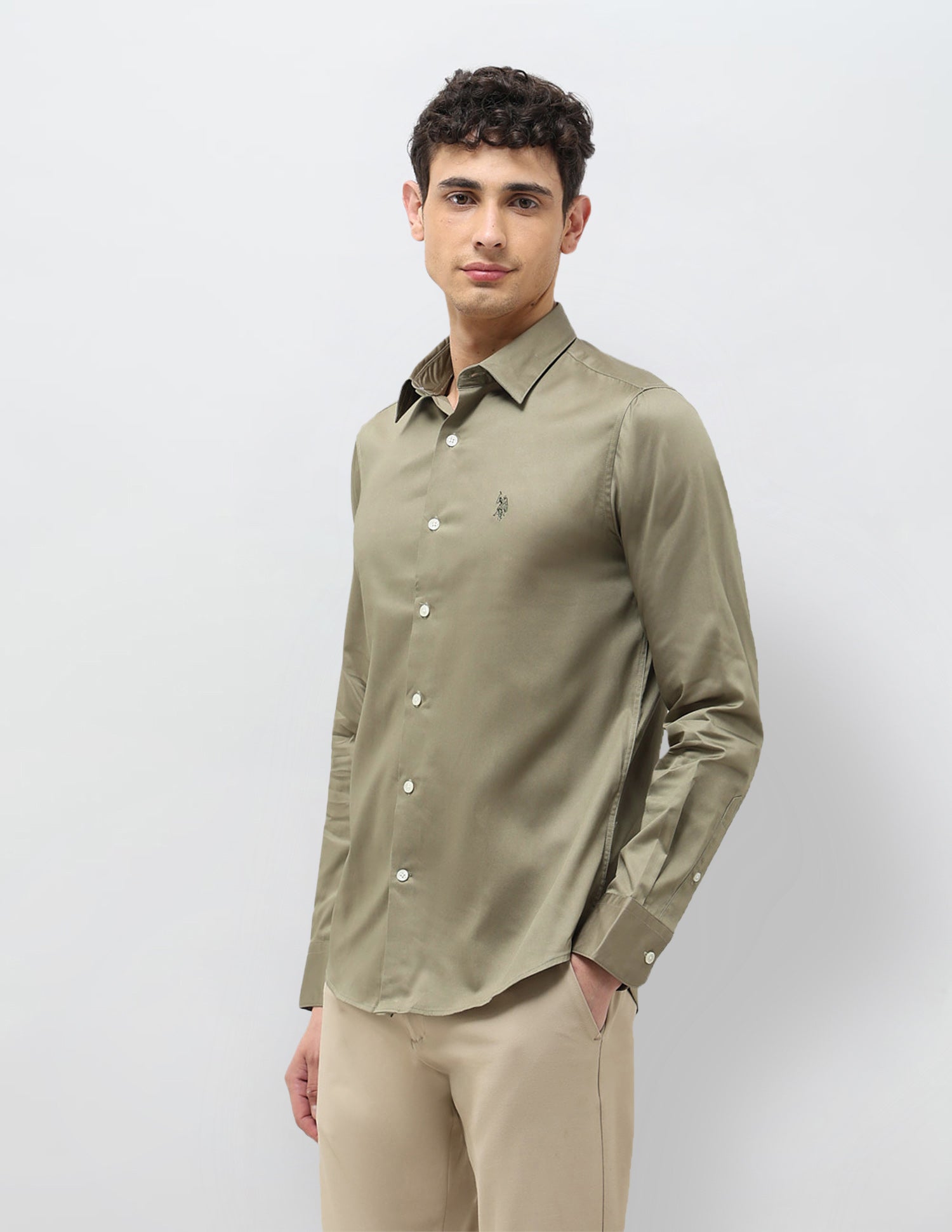 Satin Tailored Fit Shirt Light Olive - U.S. POLO ASSN. | Large
