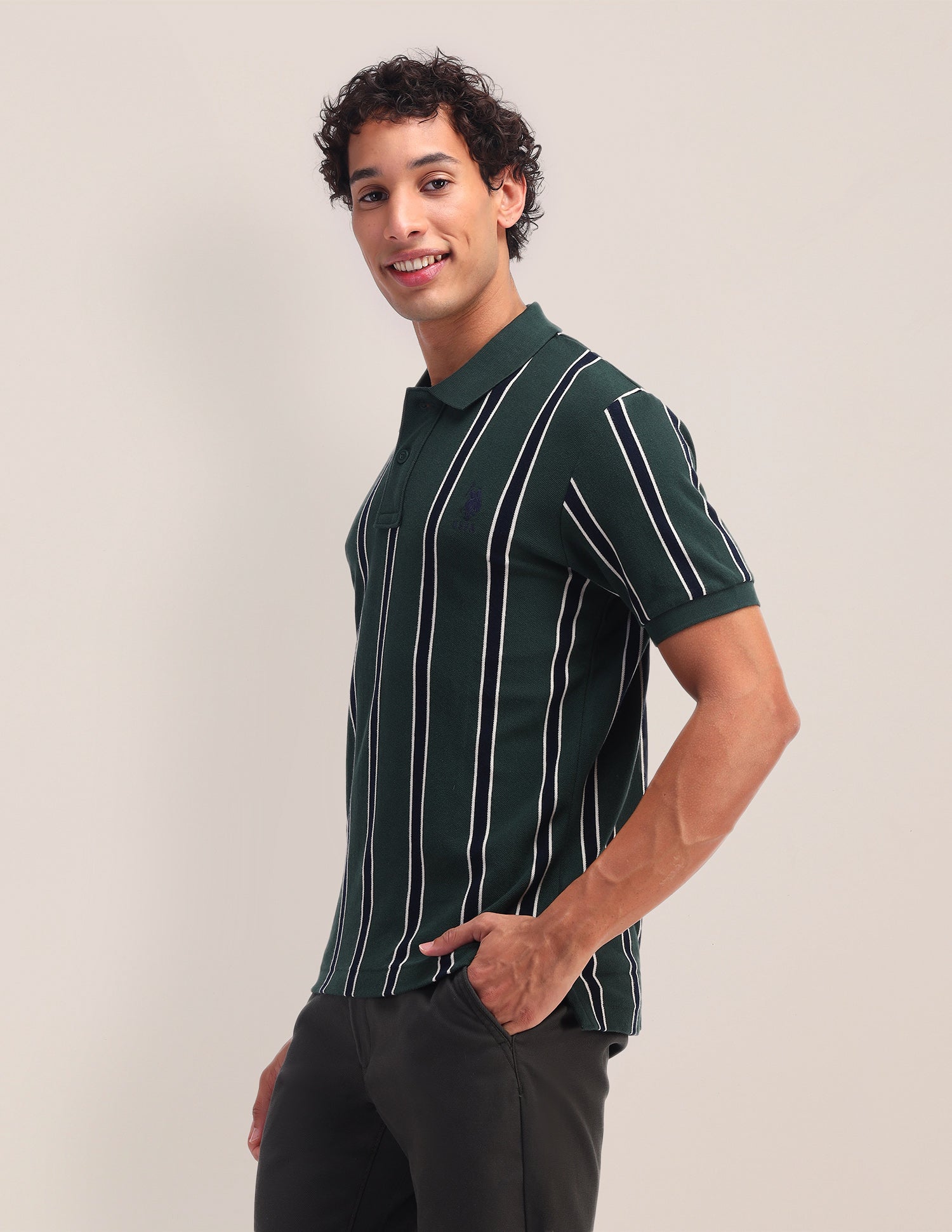 Pure Cotton Vertical Striped Polo Shirt Green - U.S. Polo Assn. India | Large