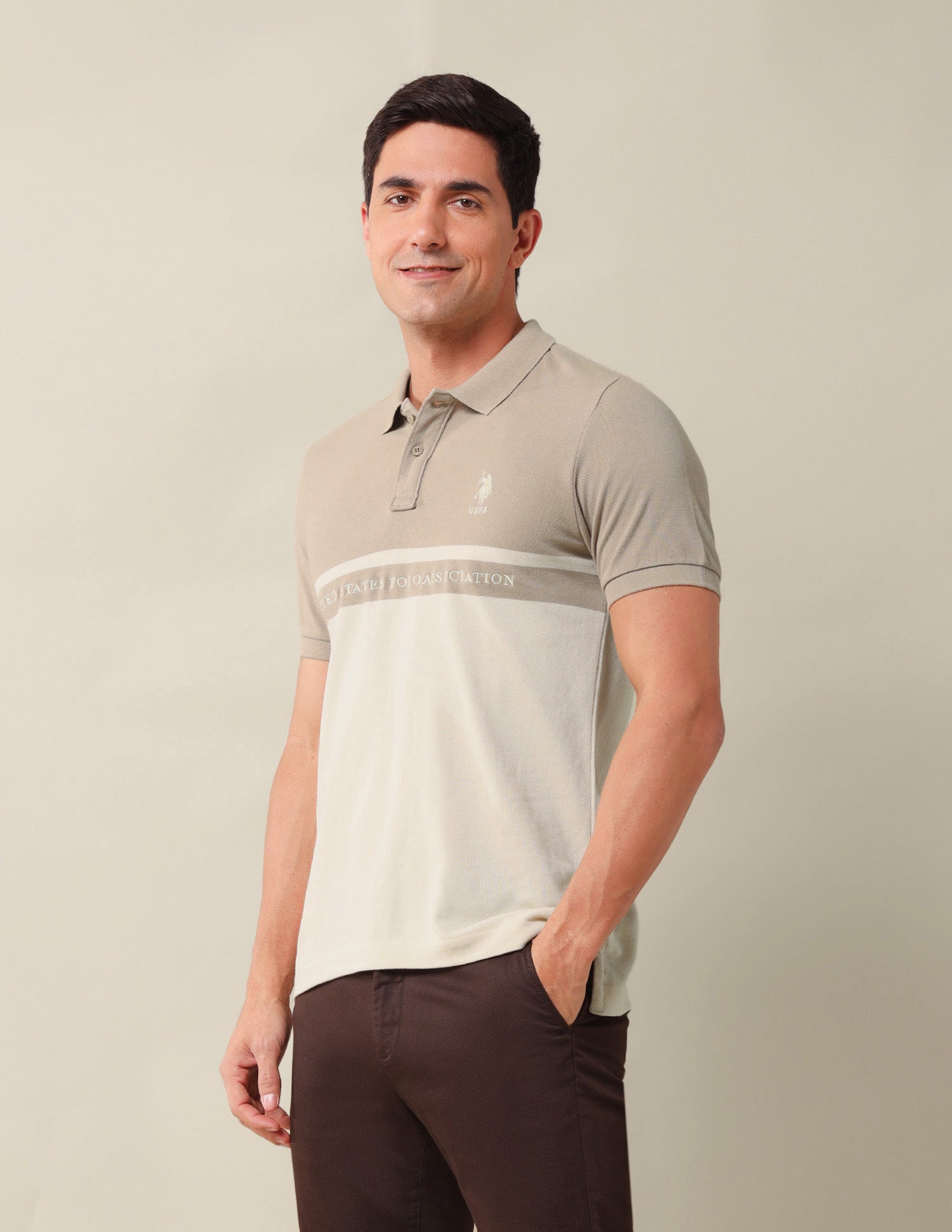 Colourblocked Slim Fit Polo Shirt Light Brown - U.S. Polo Assn. India | Large