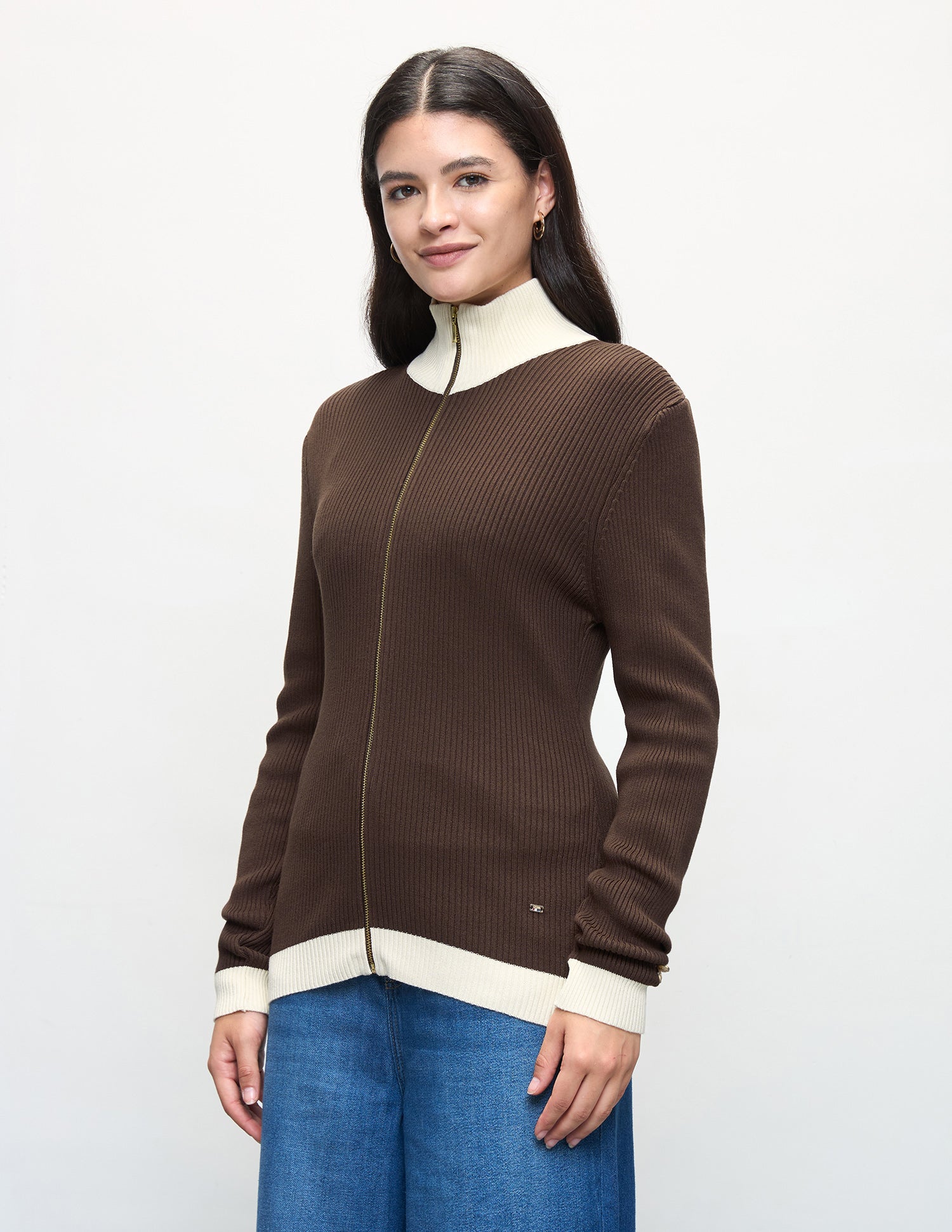 Patterned Knit Fitted Zipper Cardigan Dark Brown - U.S. Polo Assn. India | Large