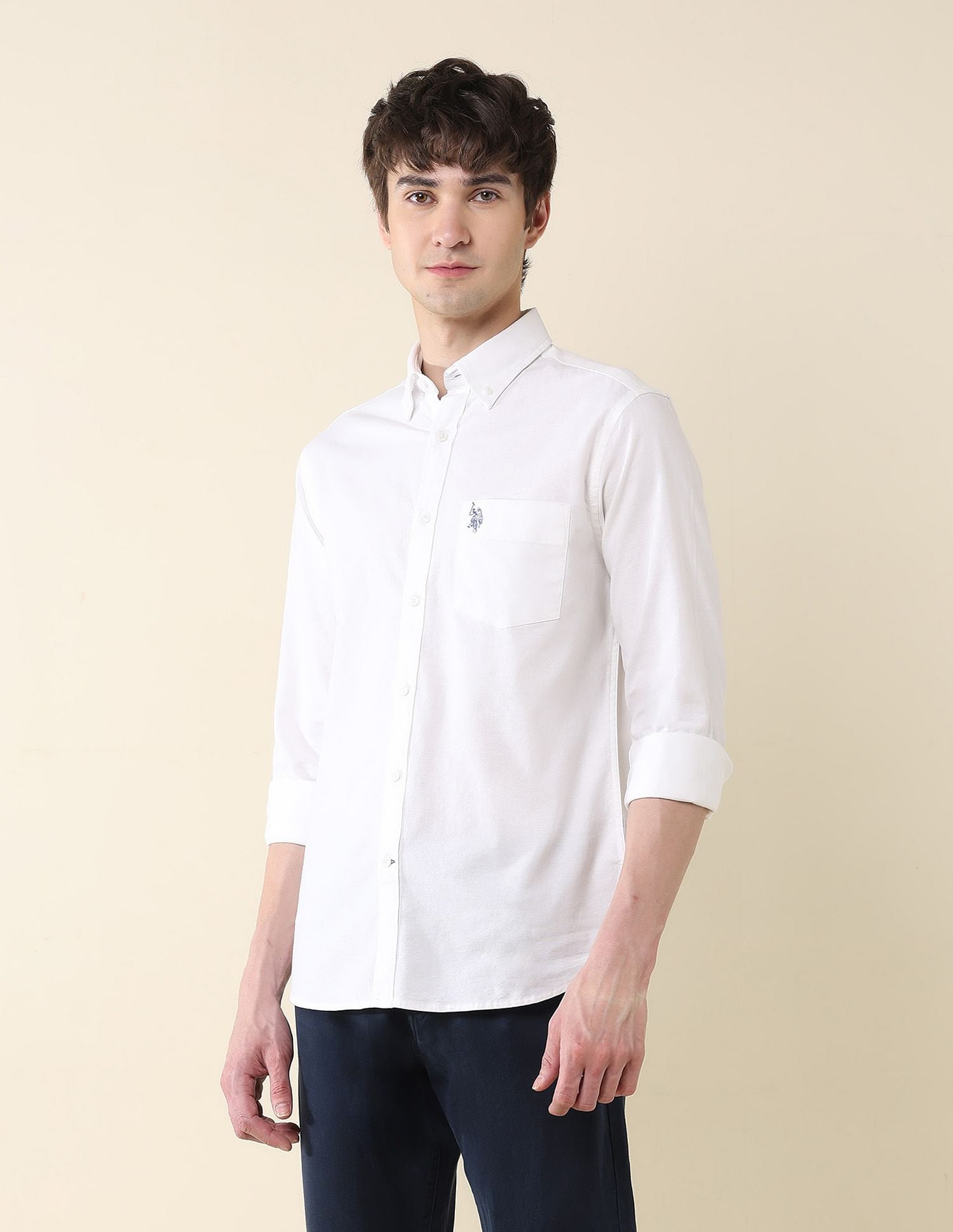 Solid Oxford Stretch Button Down Shirt White - U.S. Polo Assn. India | Large