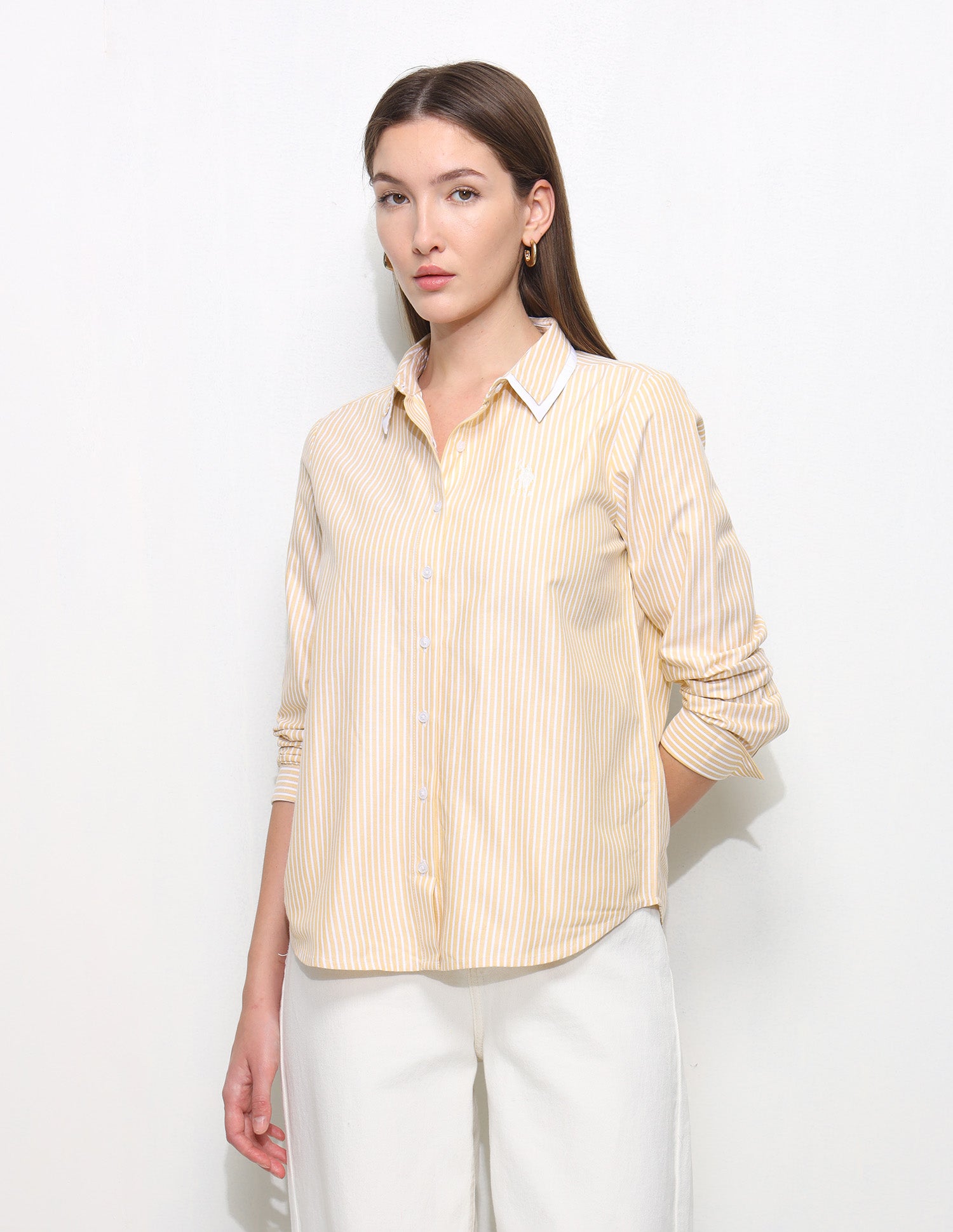 Vertical Striped Contrast Collar Shirt Light Yellow - U.S. Polo Assn. India | Large