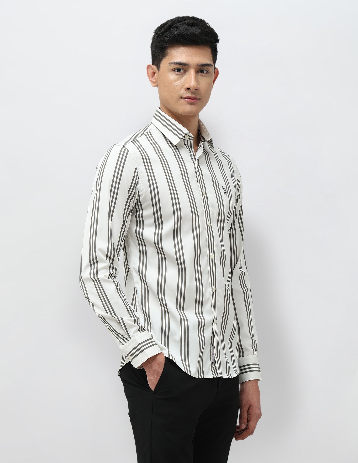 Vertical Striped Pure Cotton Shirt Olive - U.S. POLO ASSN. | Large