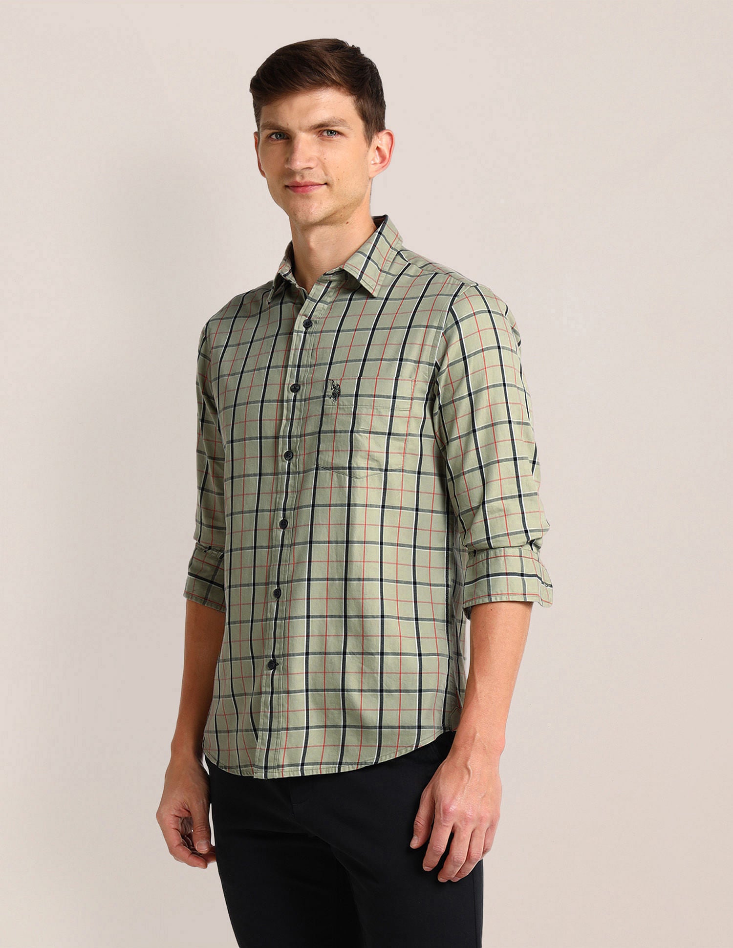 Gun Club Checked Tailored Fit Twill Shirt Medium green - U.S. Polo Assn. India | Large