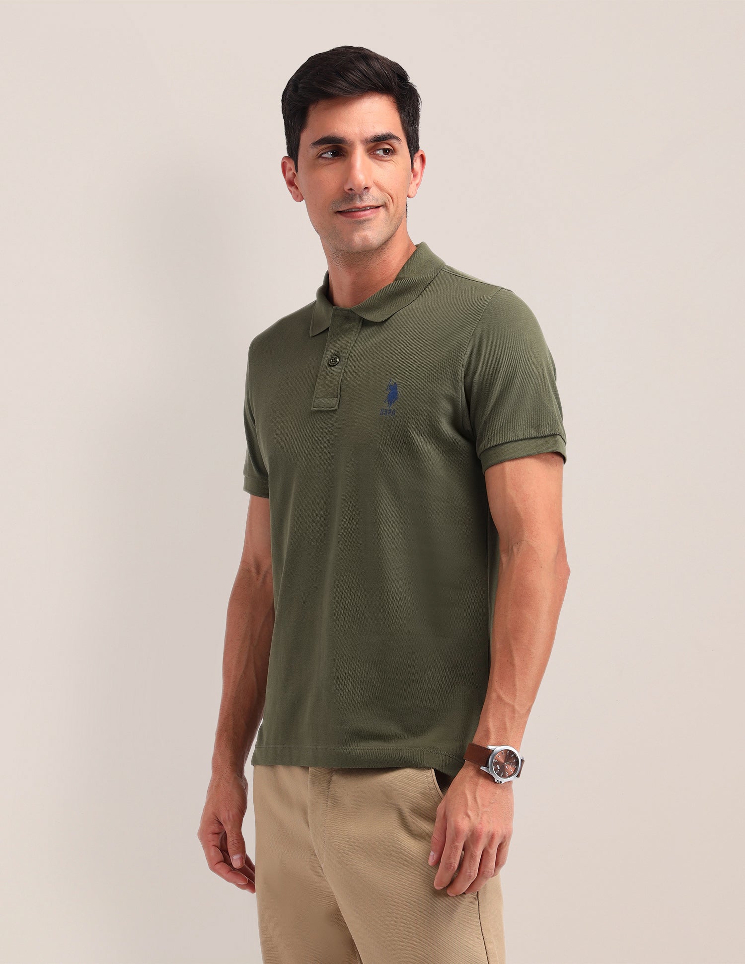 Solid Cotton Slim Fit Polo Shirt Olive - U.S. Polo Assn. India | Large