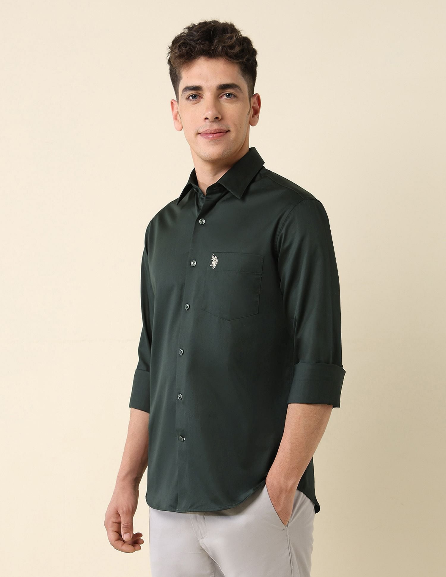 Tailored Fit Satin Shirt Green - U.S. Polo Assn. India | Large