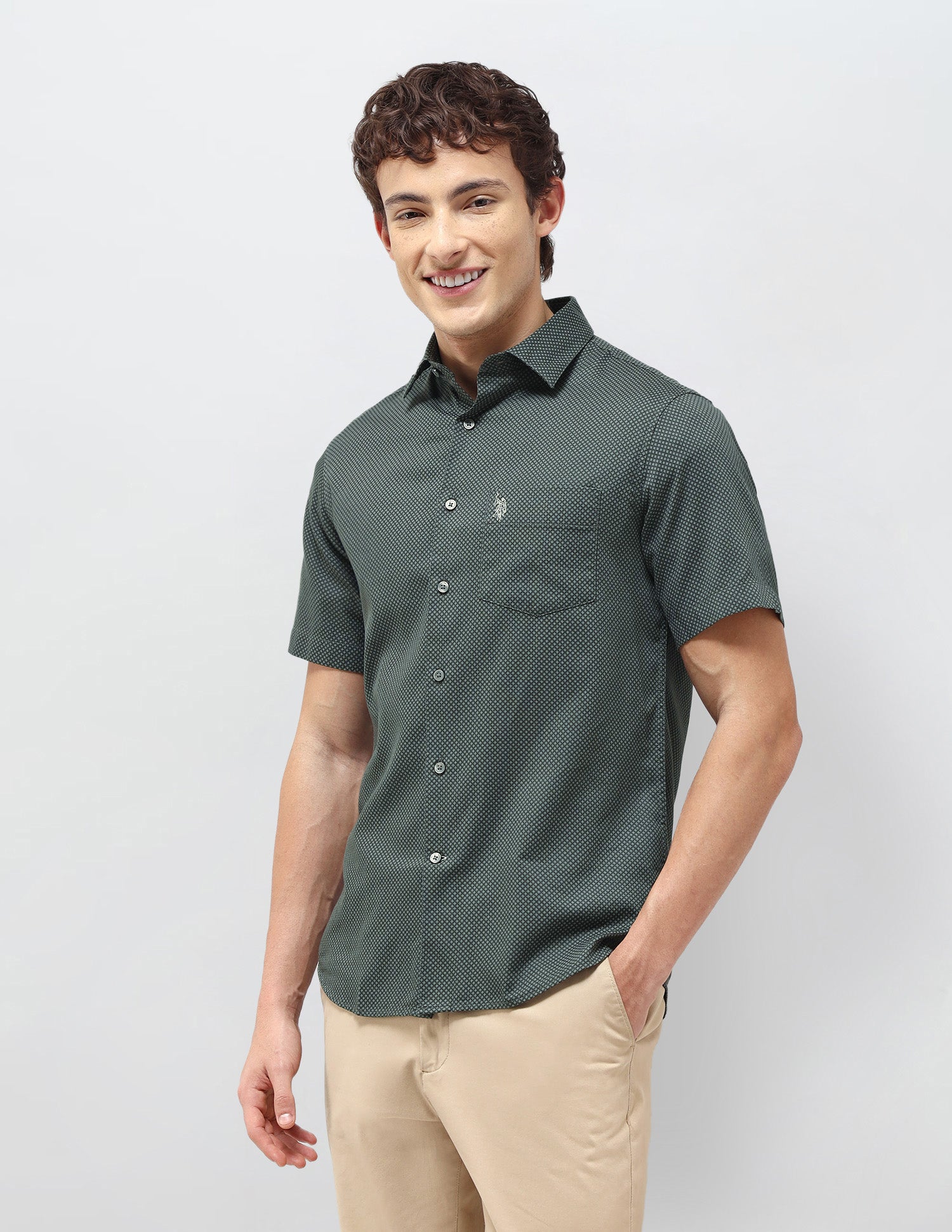 Regular Fit Self Design Geometric Shirt Olive - U.S. Polo Assn. India | Large